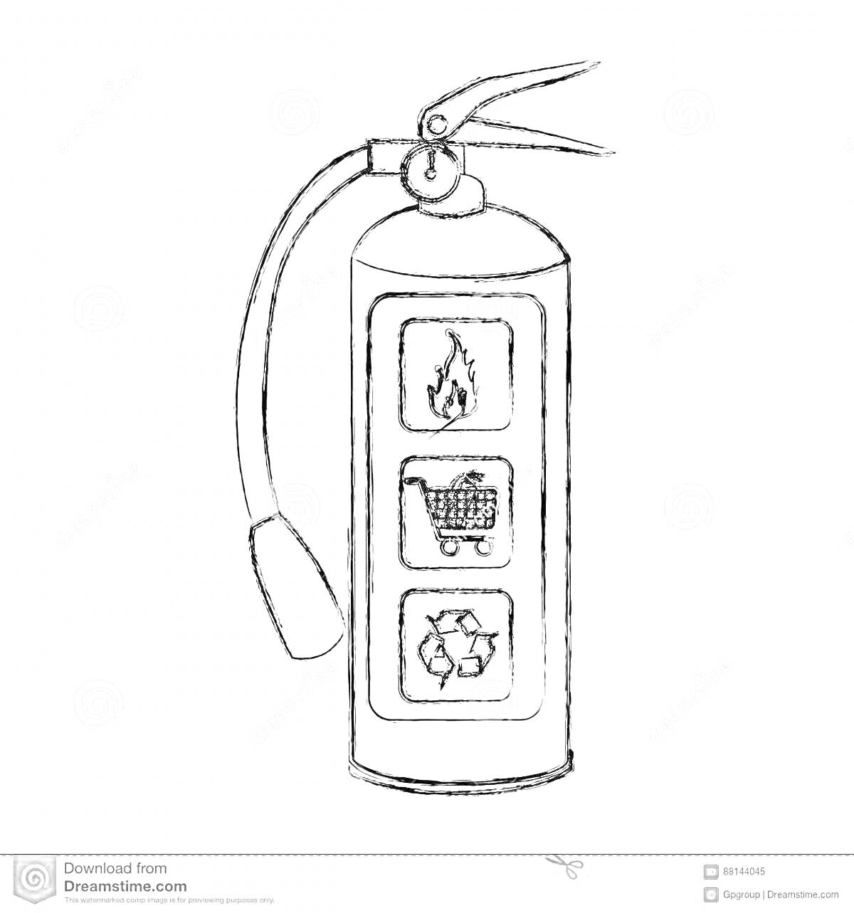 Раскраска Огнетушитель с тремя символами: огонь, тележка для покупок, переработка
