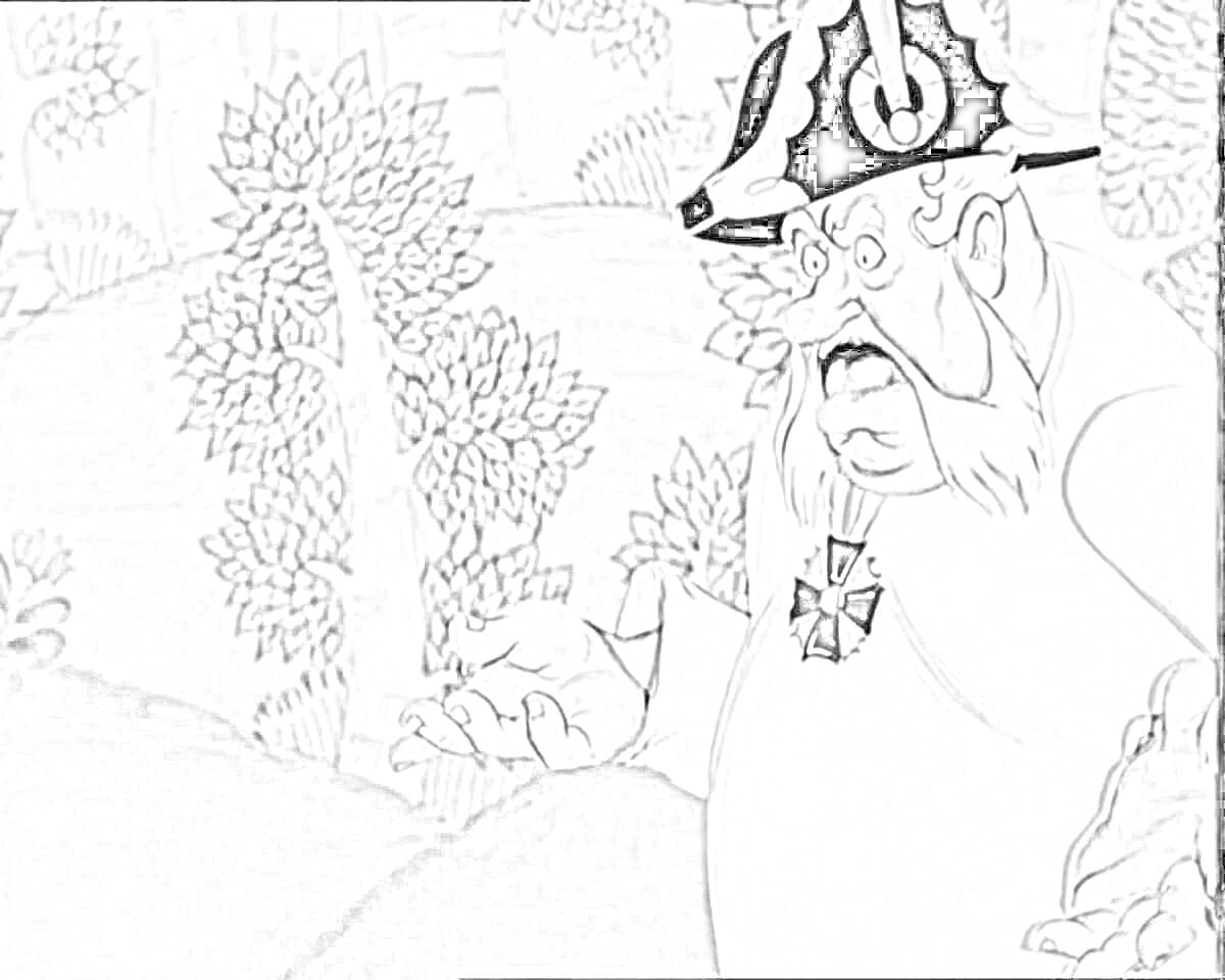 Раскраска Мужик в крестьянской одежде с бородой и медалью на шее на фоне лесного пейзажа