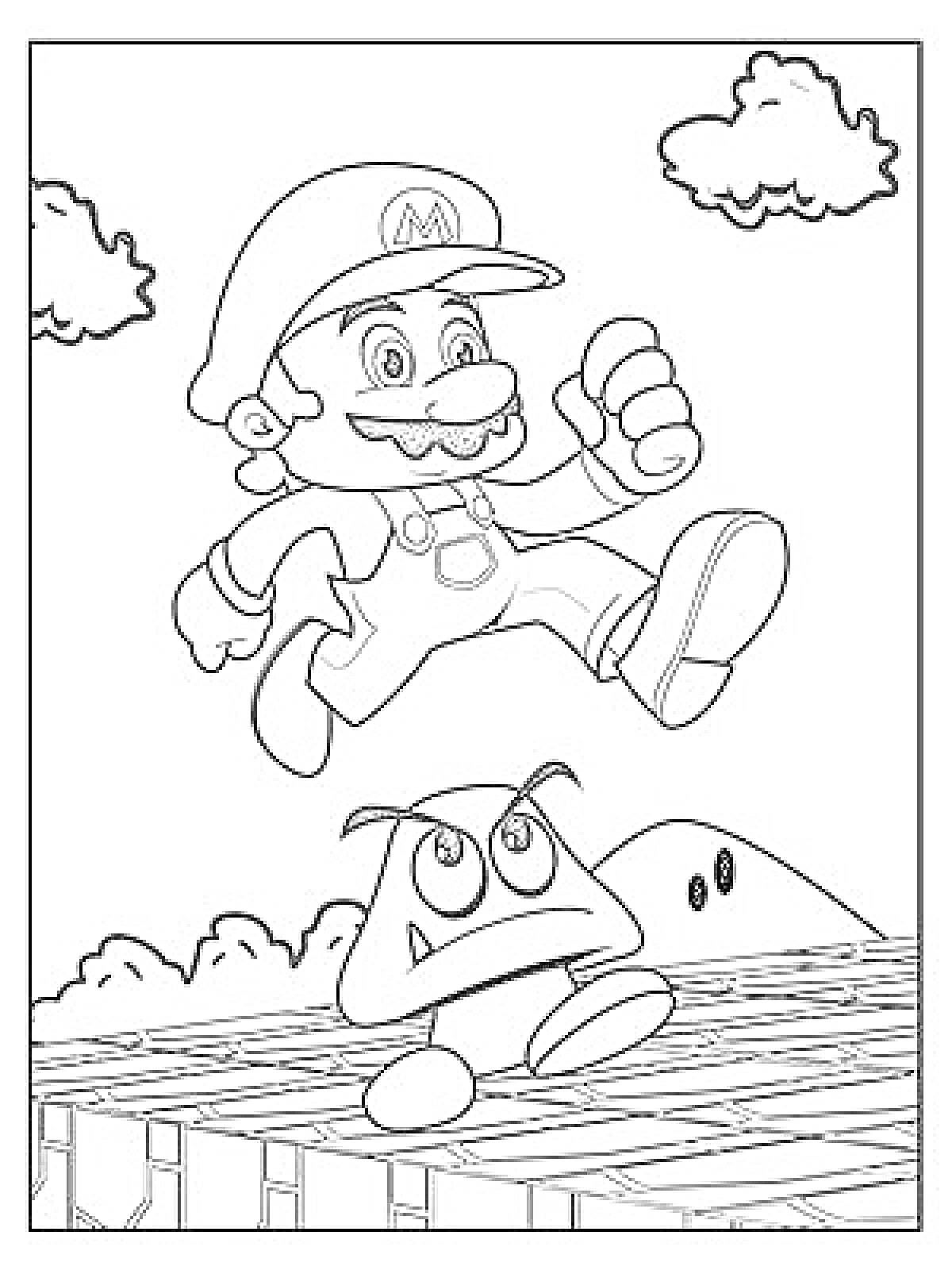 Раскраска Марио прыгает над Гумбой на фоне гор и облаков