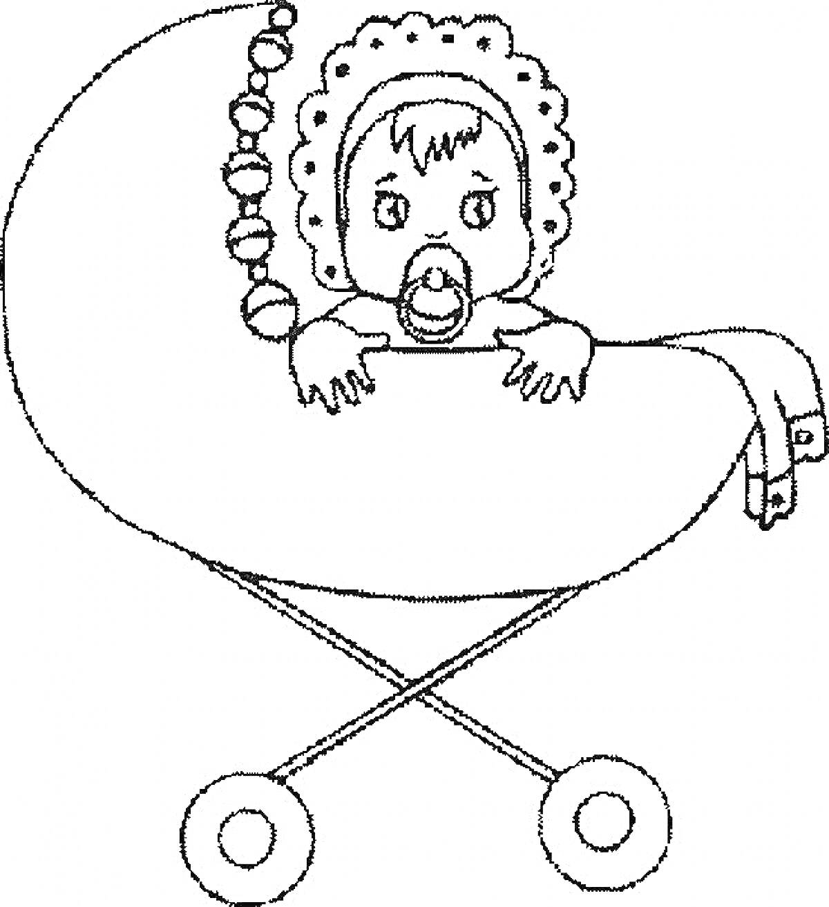 Раскраска Малыш в коляске с пустышкой и игрушкой-бусами