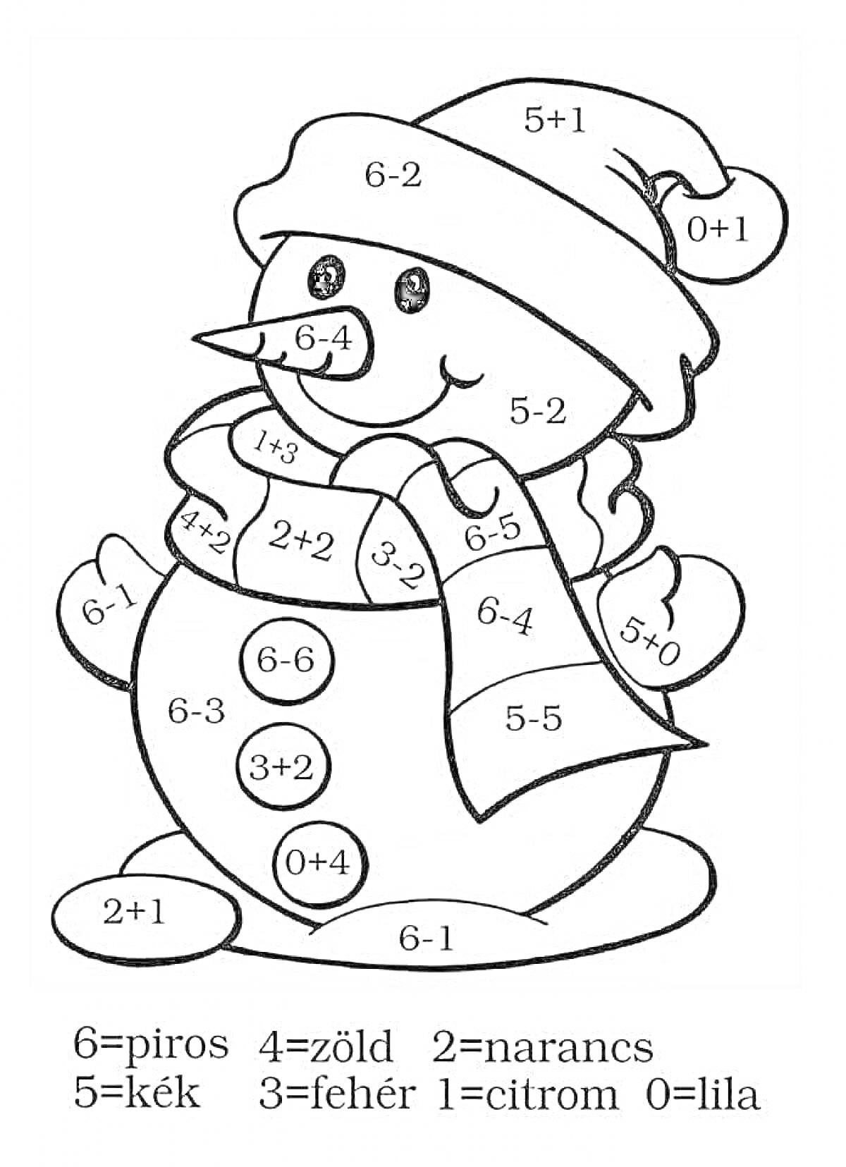 Раскраска Снеговик с шарфом и шапкой, математическая раскраска