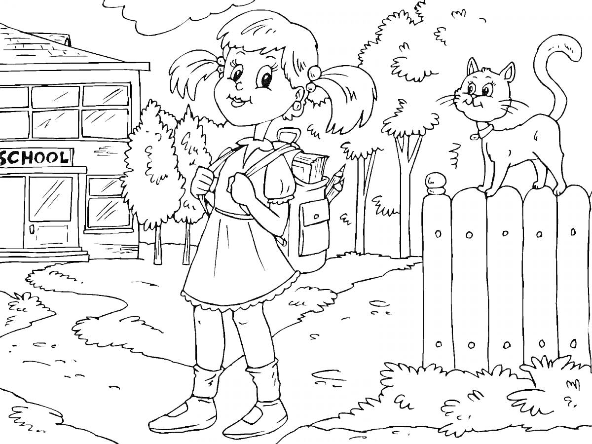 Раскраска Девочка с рюкзаком перед школой, забор, кот на заборе