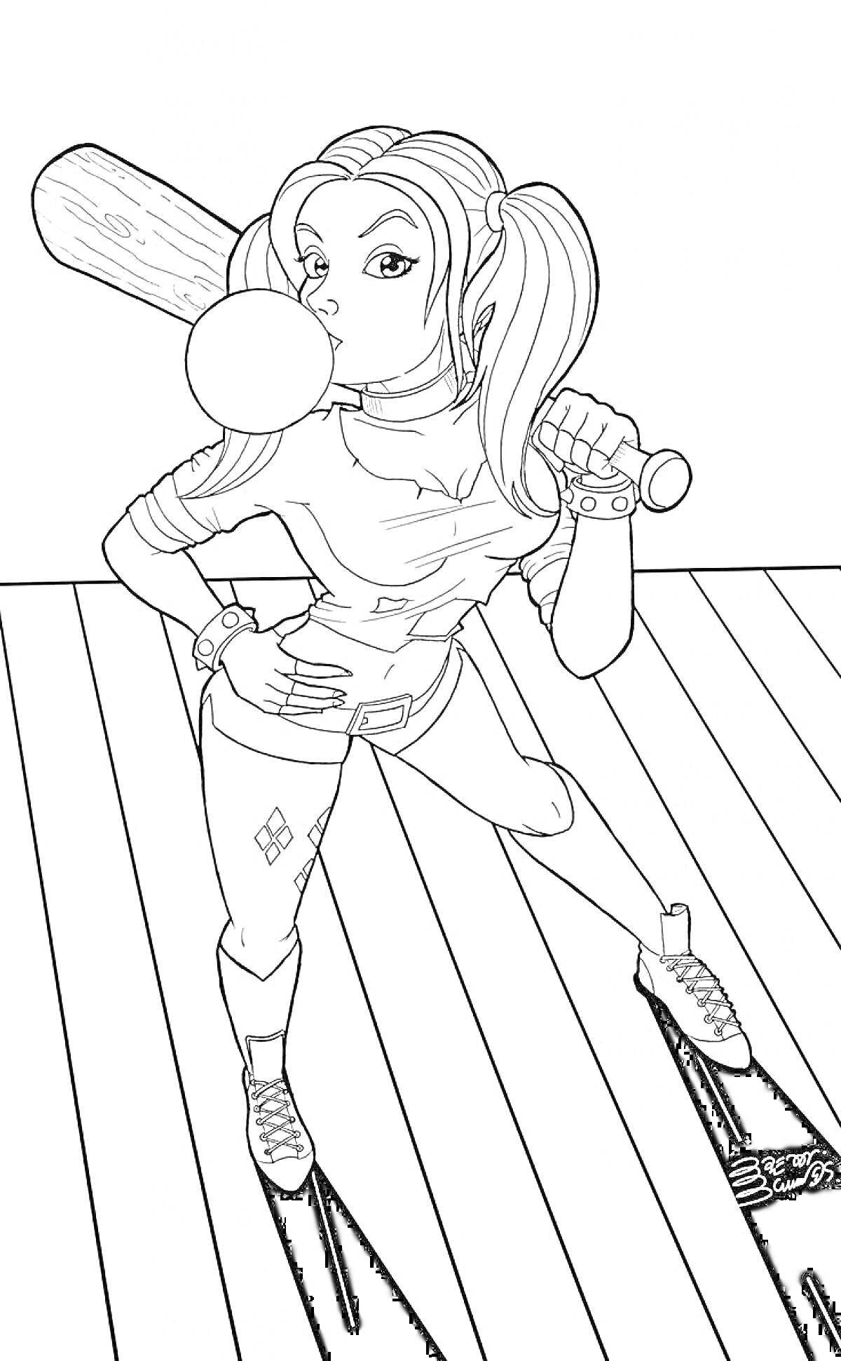 Девушка с хвостиками, держащая биту и надувающая жвачку, на деревянном полу