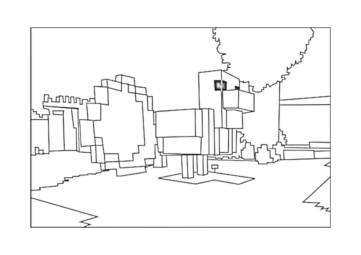 На раскраске изображено: Майнкрафт, Деревня, Дом, Забор, Блоки