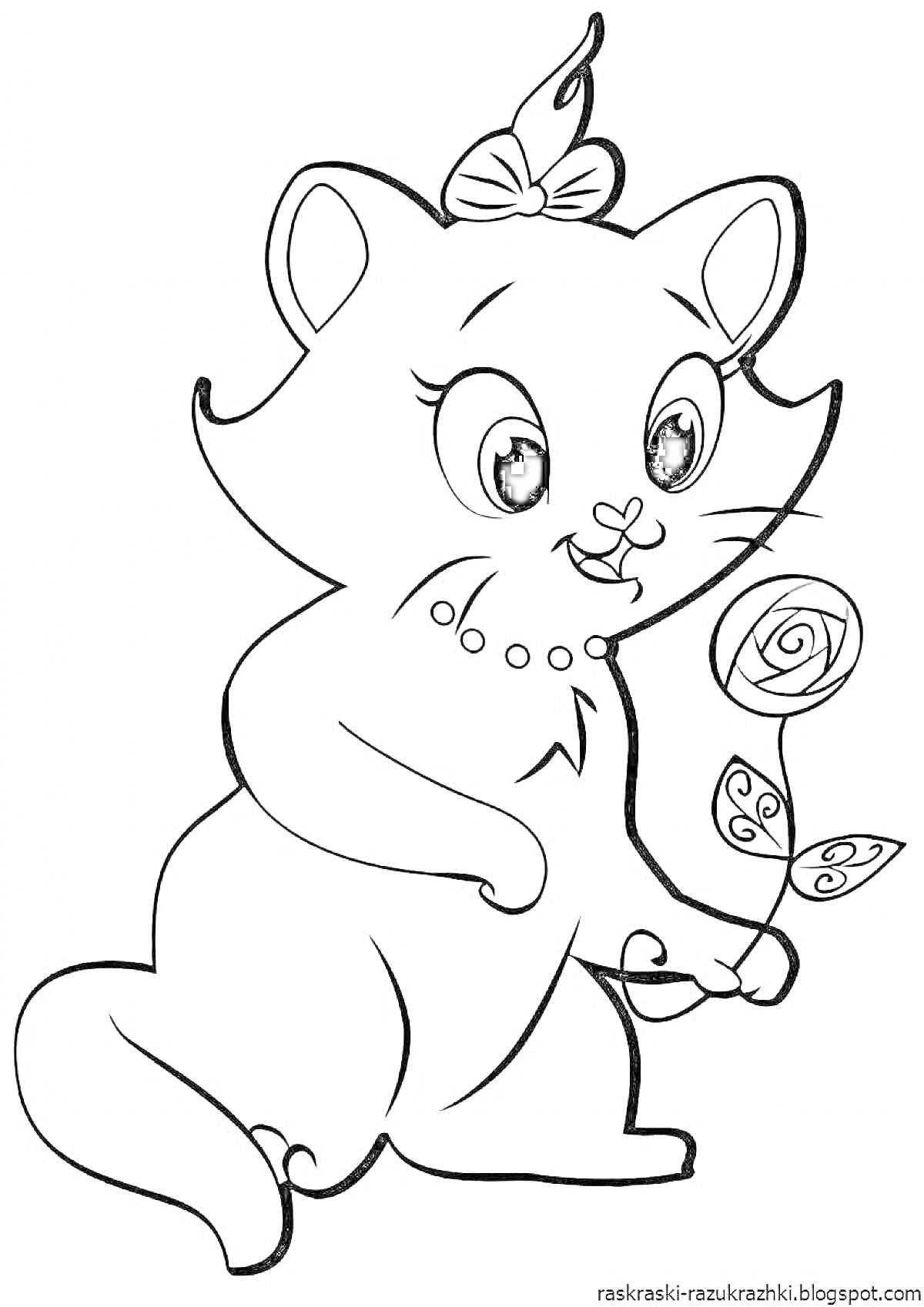 Раскраска Кошка с бантом и цветком в лапах