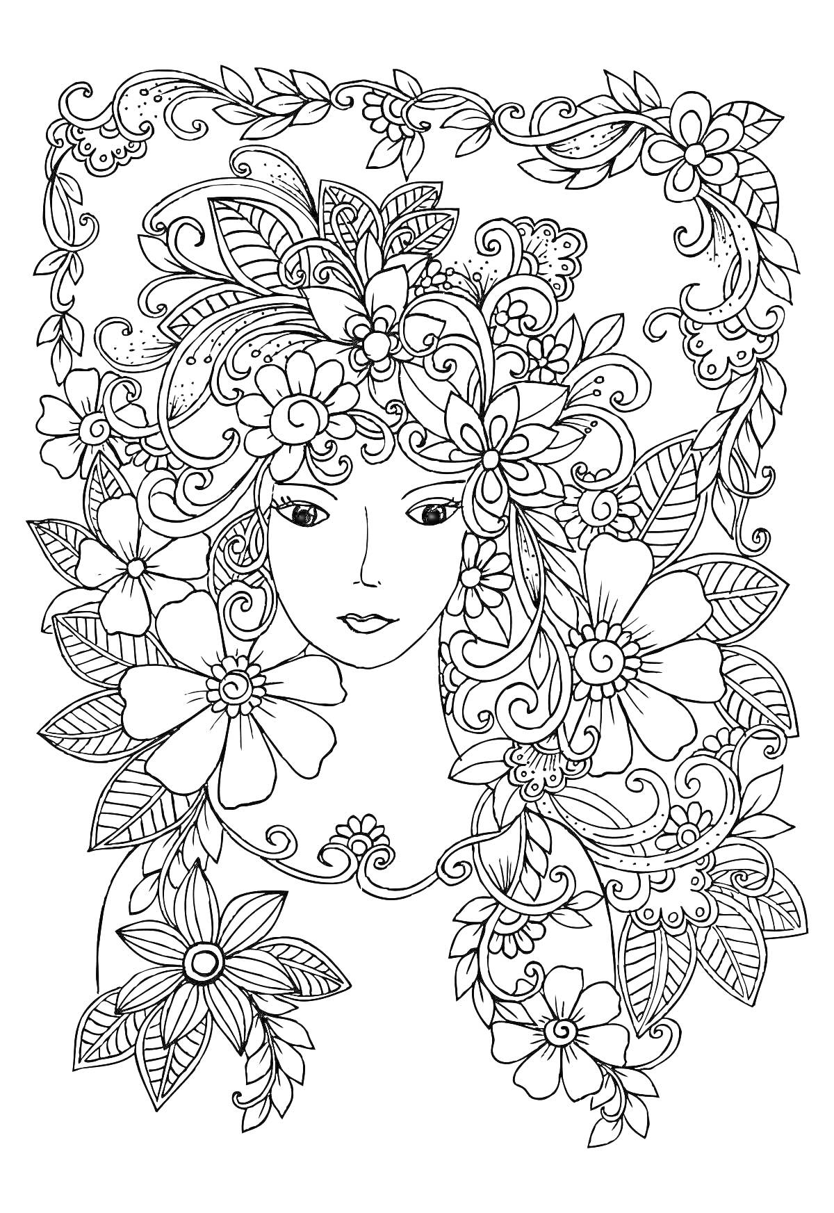 Раскраска Девушка с цветами и узорами в волосах