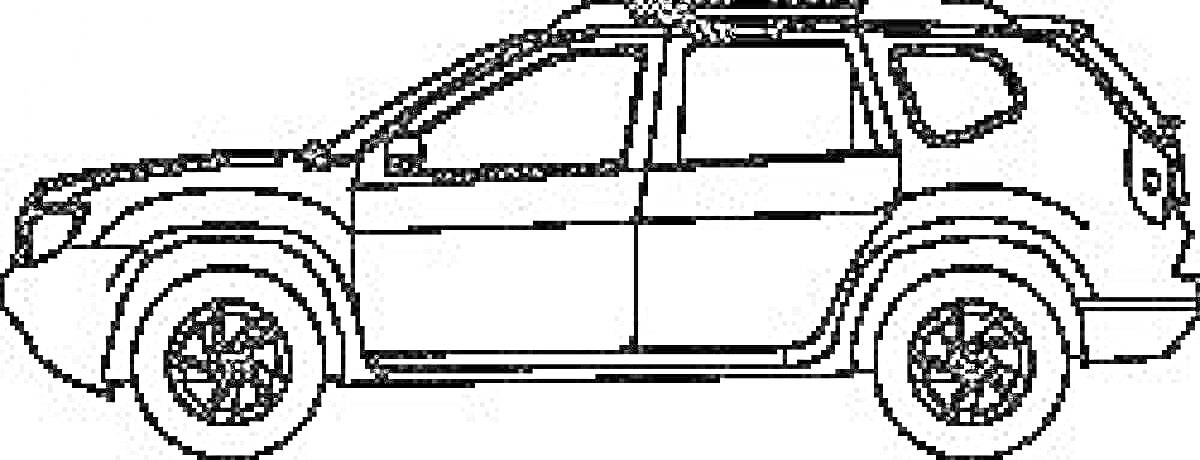 Раскраска Рено Дастер сбоку с дверями, окнами, колесами и зеркалом