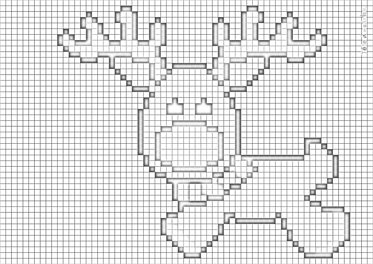 На раскраске изображено: По клеточкам, Северный олень, Новый год, Рождество, Красный нос, Шарф, Пиксель-арт, Олень