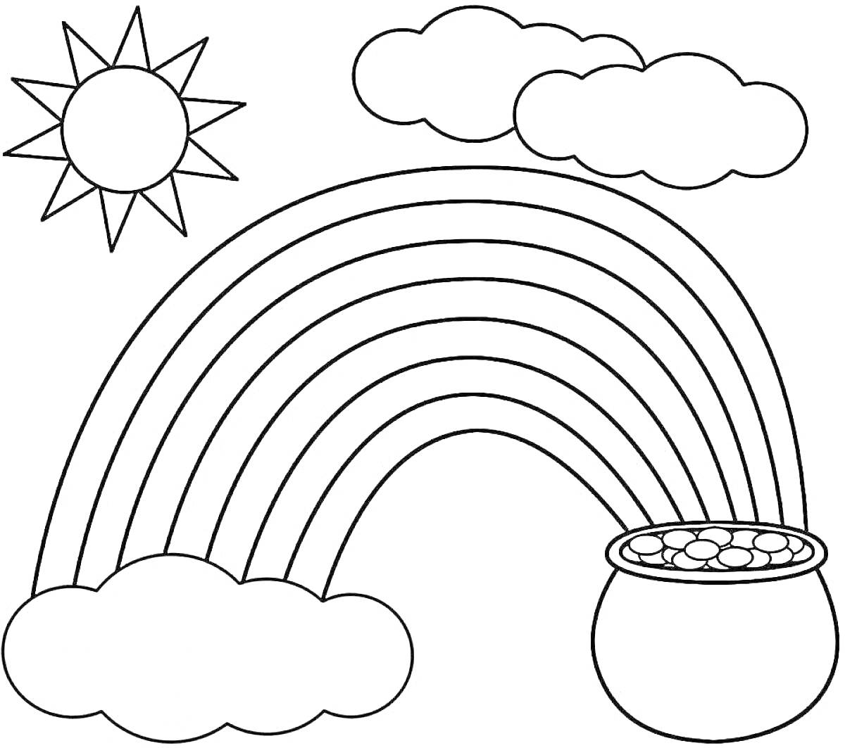 На раскраске изображено: Солнце, Облака, Золото, Для детей, Горшки, Радуги