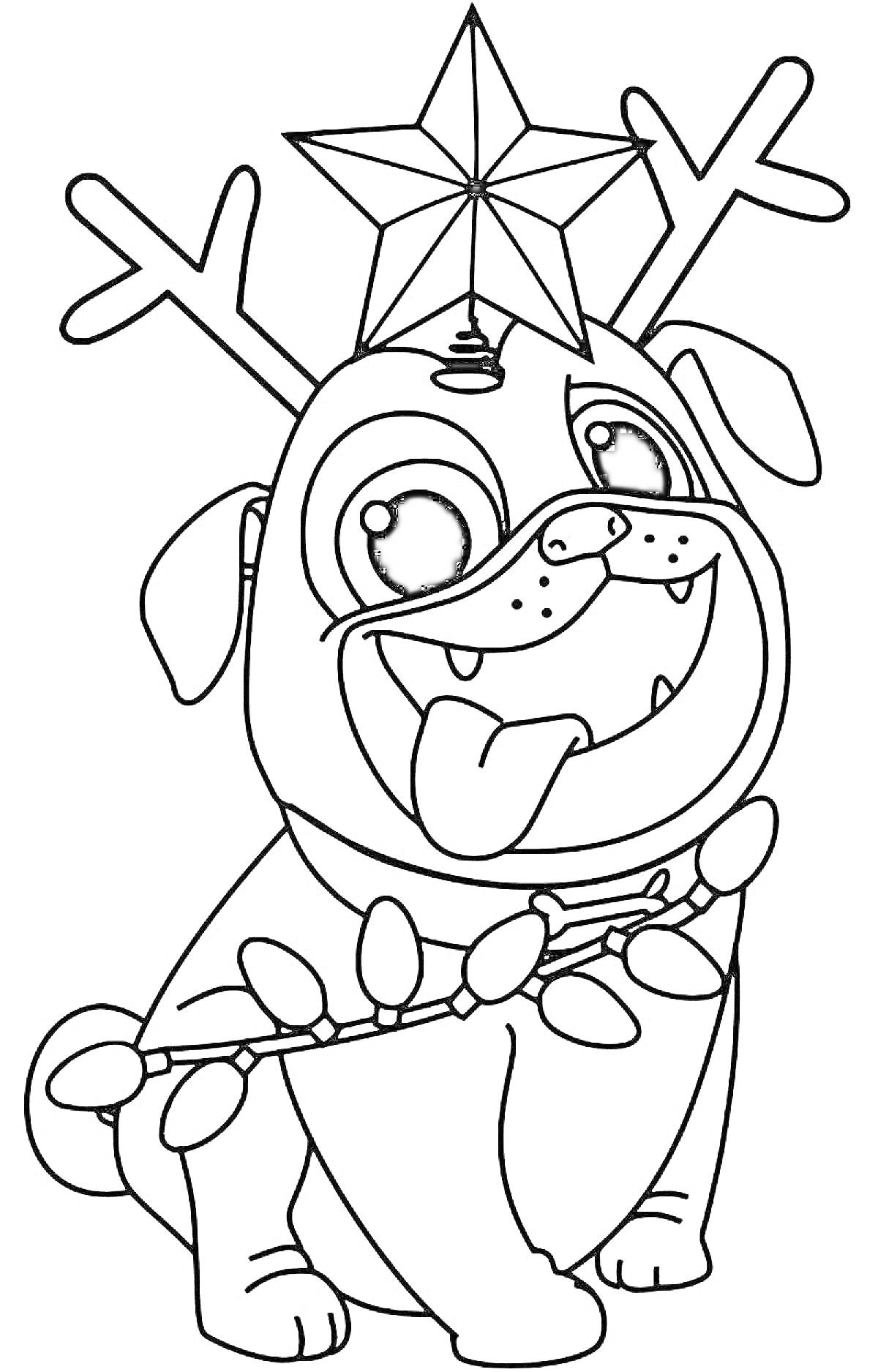 Раскраска Мопс с рожками оленя и гирляндой