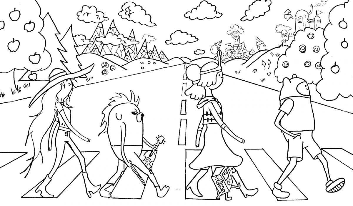 Персонажи пересекают дорогу на фоне природы с горами, деревьями и замком