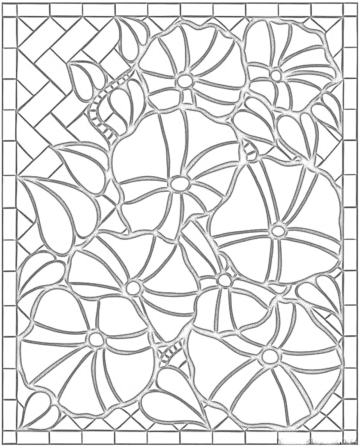 На раскраске изображено: Мозаика, Цветы, Листья, Узоры