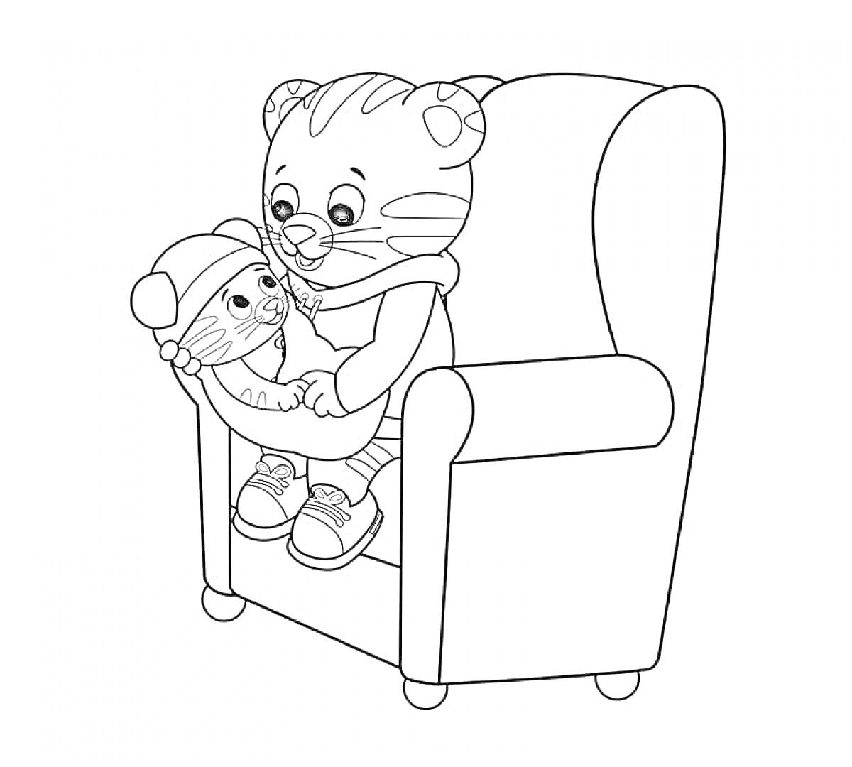 Раскраска Тигрёнок с игрушкой на кресле в среду