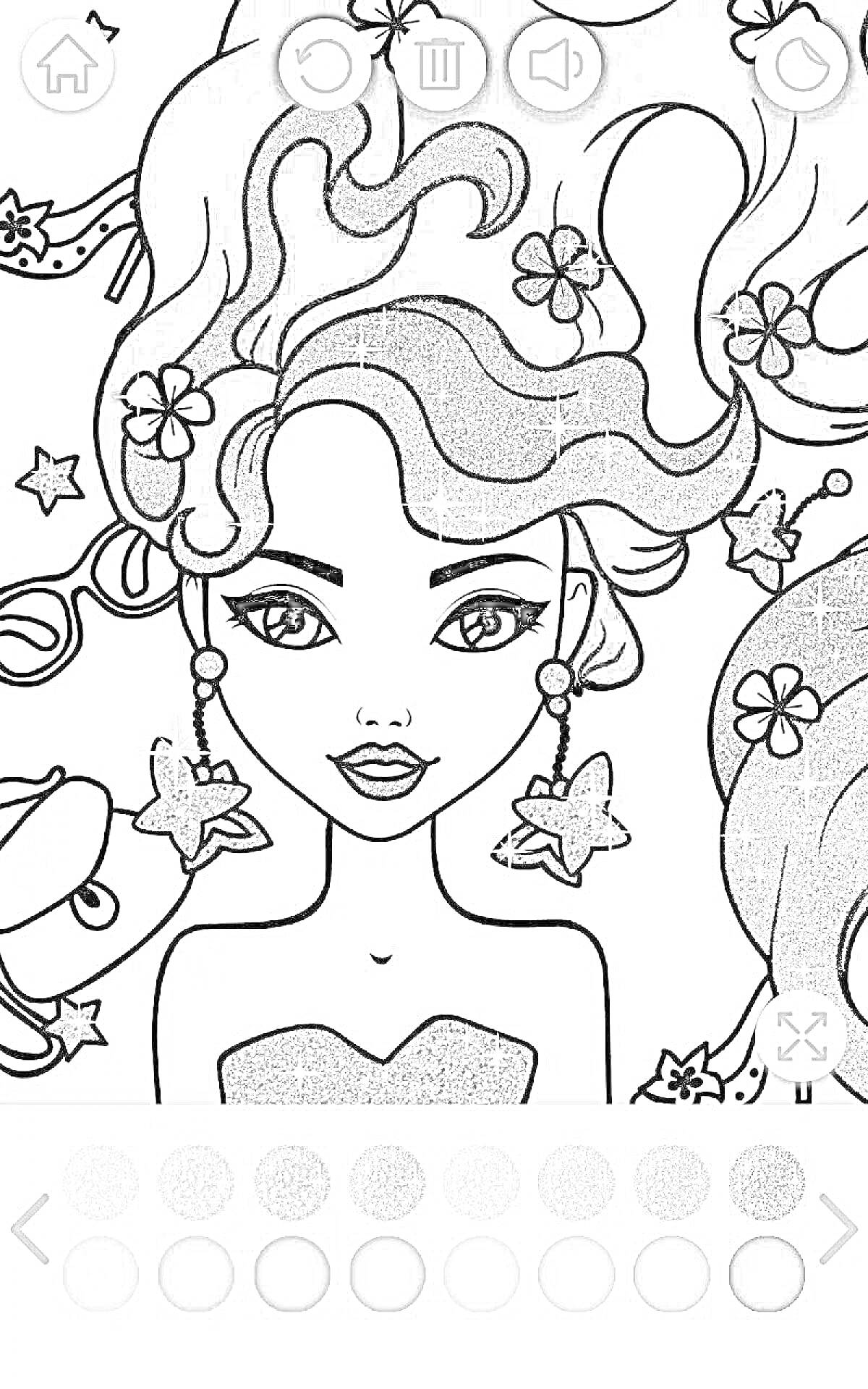 Раскраска Девушка с цветами в волосах, блестящая одежда и аксессуары