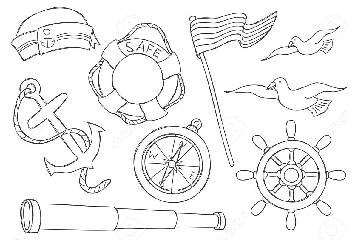 На раскраске изображено: Бескозырка, Спасательный круг, Флаг, Чайки, Компас, Штурвал, Подзорная труба