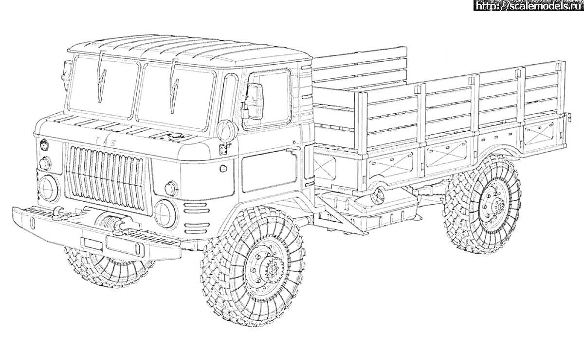 Раскраска Газ 53 с открытым кузовом и крупными колесами