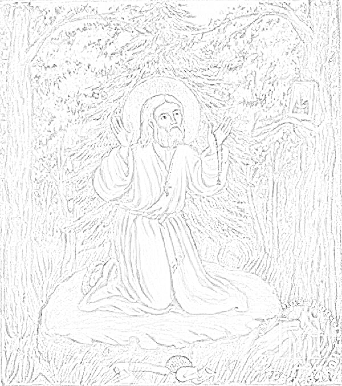 Серафим Саровский на коленях в молитве на камне в лесу с иконой, подвешенной на дереве