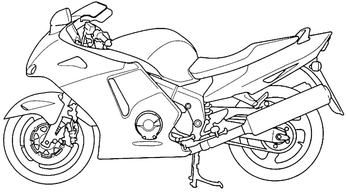 Раскраска Мотоцикл для раскрашивания с деталями рамы, колёс, руля и выхлопной трубы