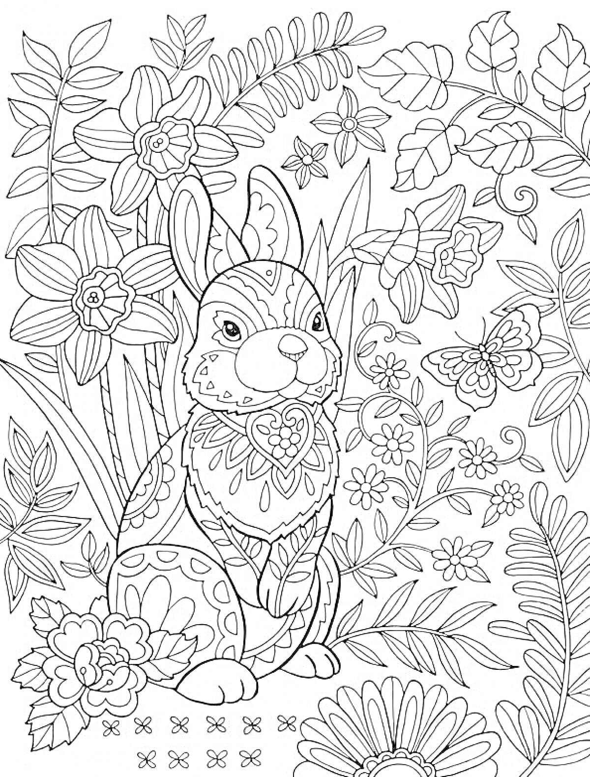 Раскраска Кролик в цветочном саду с бабочкой и узорами