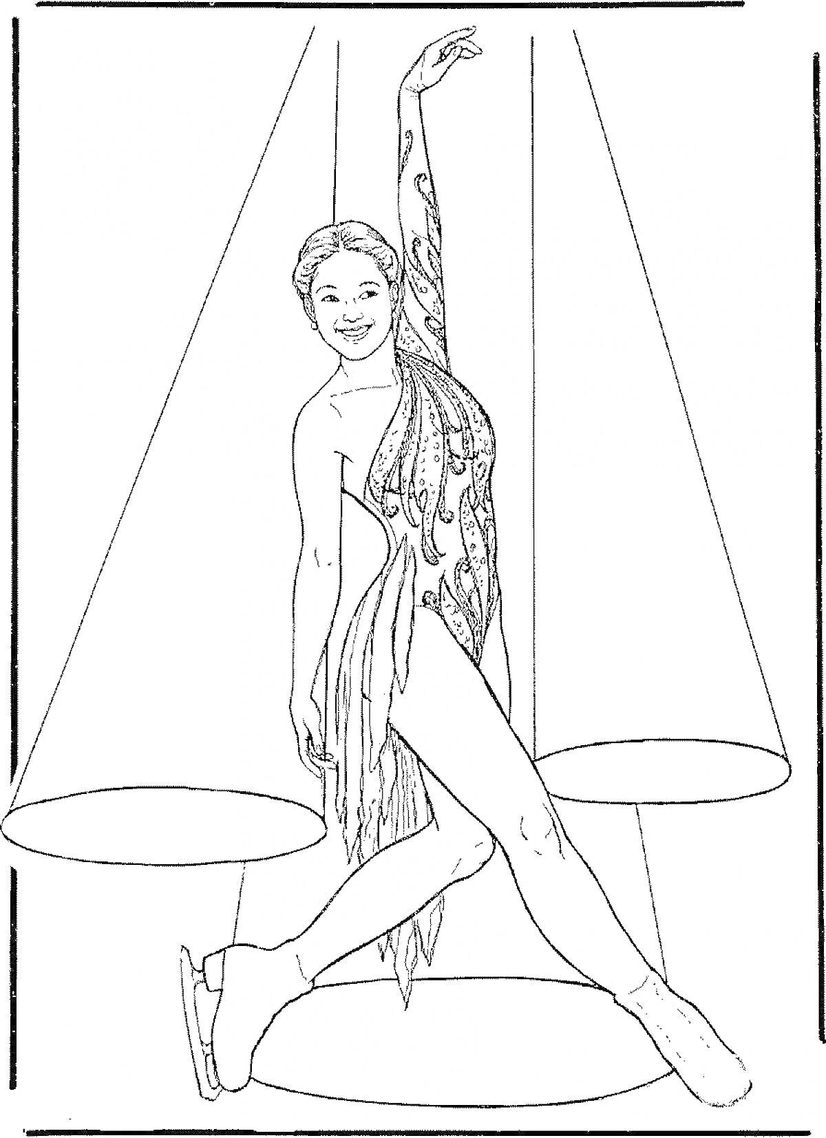 Раскраска Девушка фигуристка с поднятой рукой на льду в лучах прожекторов