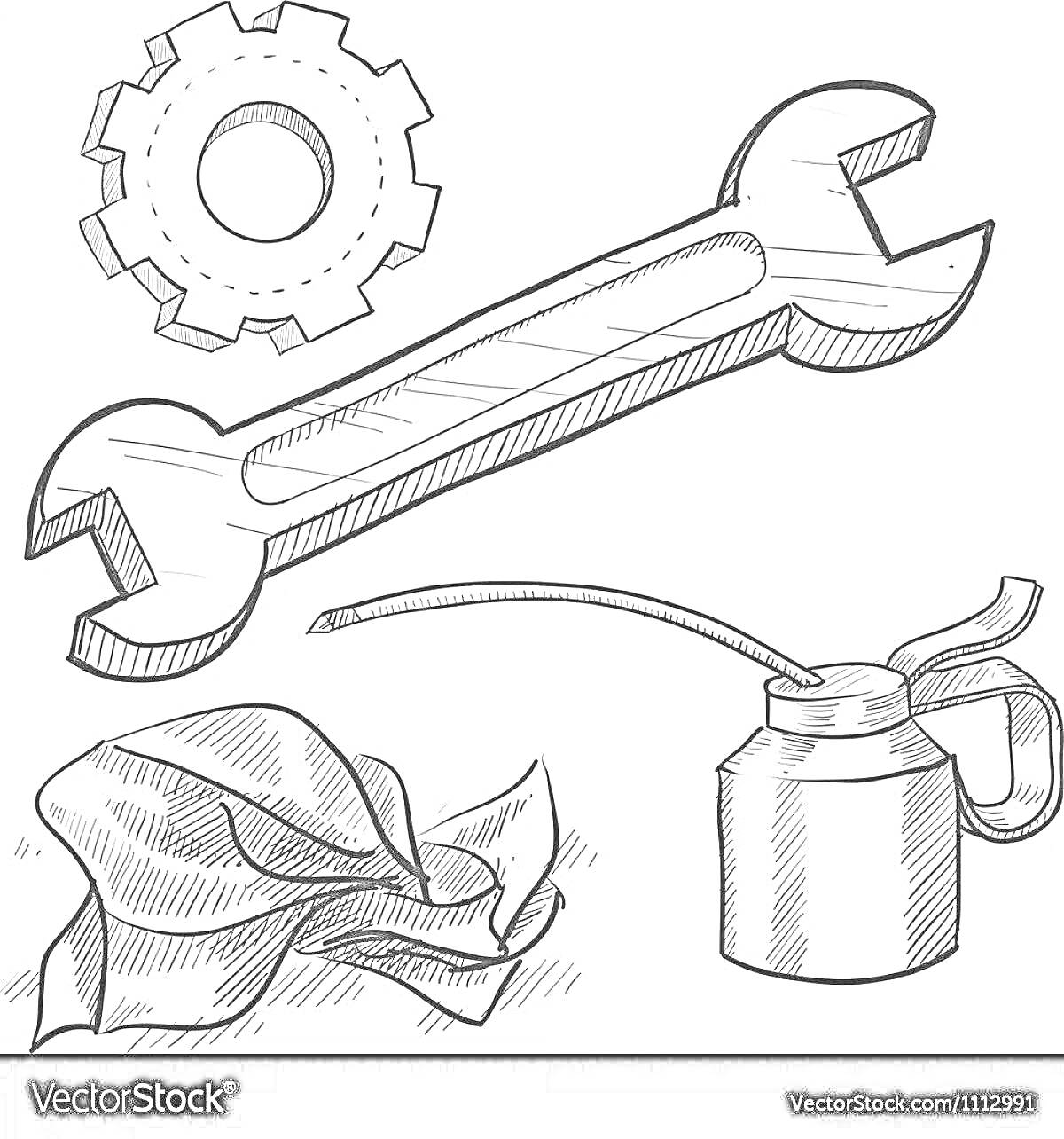 Раскраска Гаечный ключ, шестеренка, масленка и ветошь