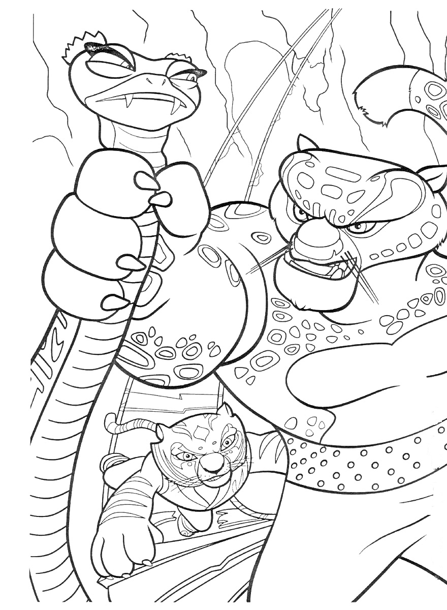 Раскраска Мультяшные персонажи: змея с посохом, леопард, малая панда
