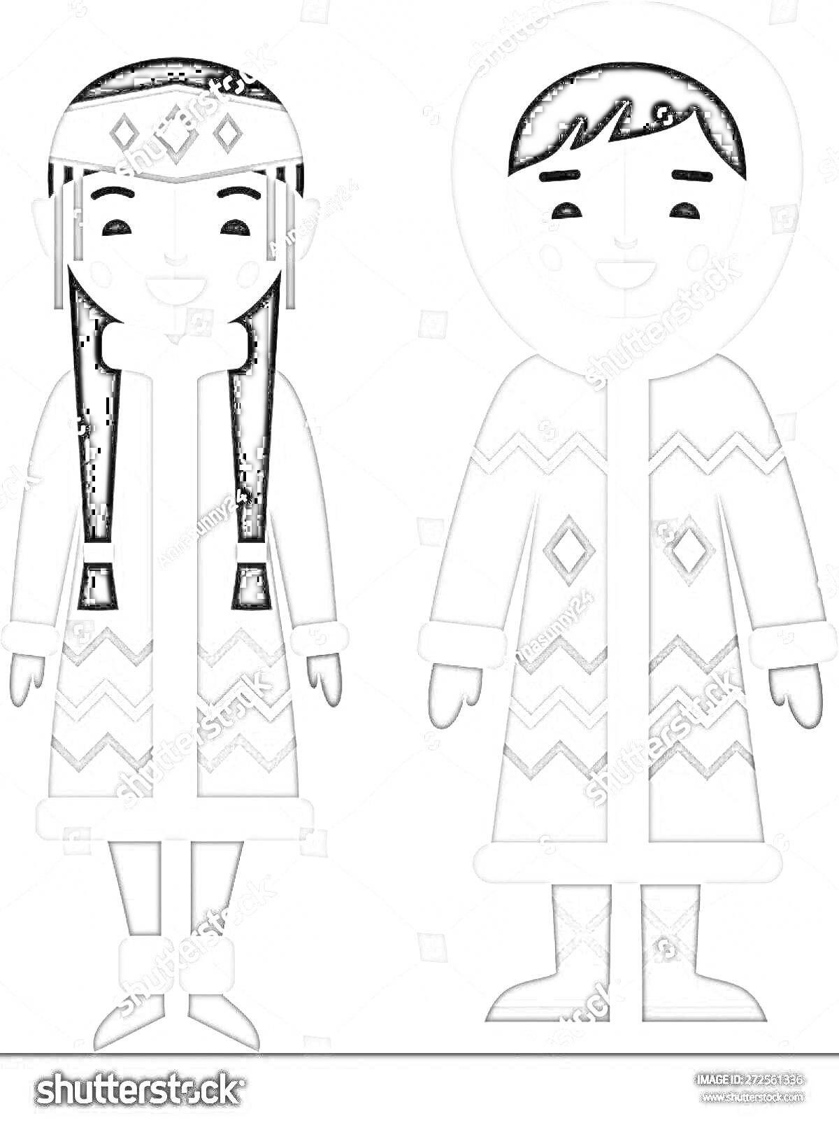 Раскраска Якуты в национальных костюмах - женщина с длинными волосами и повязкой, мужчина в капюшоне