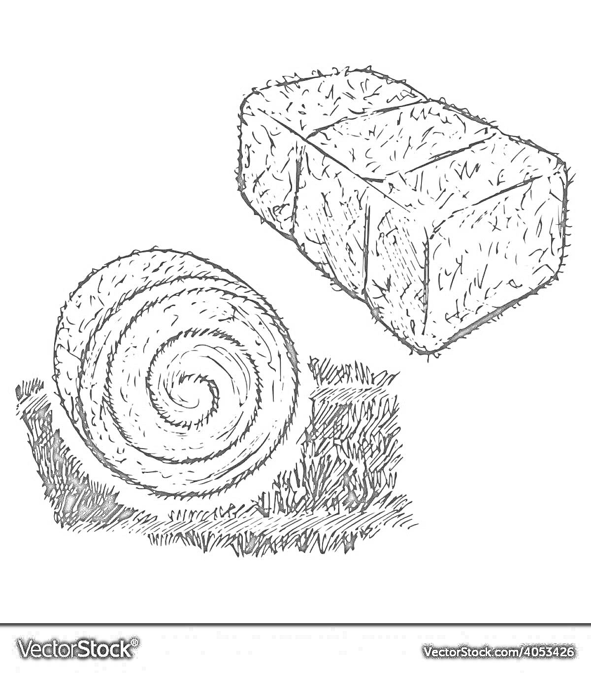 Раскраска Прямоугольный и круглый стог сена на земле