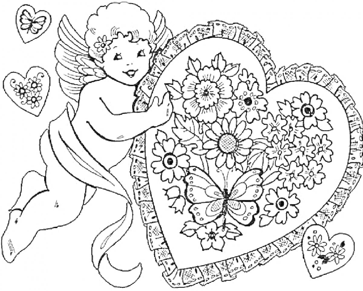 Раскраска Купидон с сердцем, цветами и бабочкой, сердечки с цветами