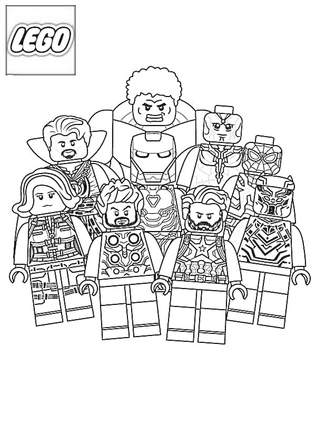 Раскраска Лего супергерои. На изображении представлены фигуры из серии Лего, воплощающие героев в стиле LEGO: фигурки с деталями костюмов, шлемов и оружия.