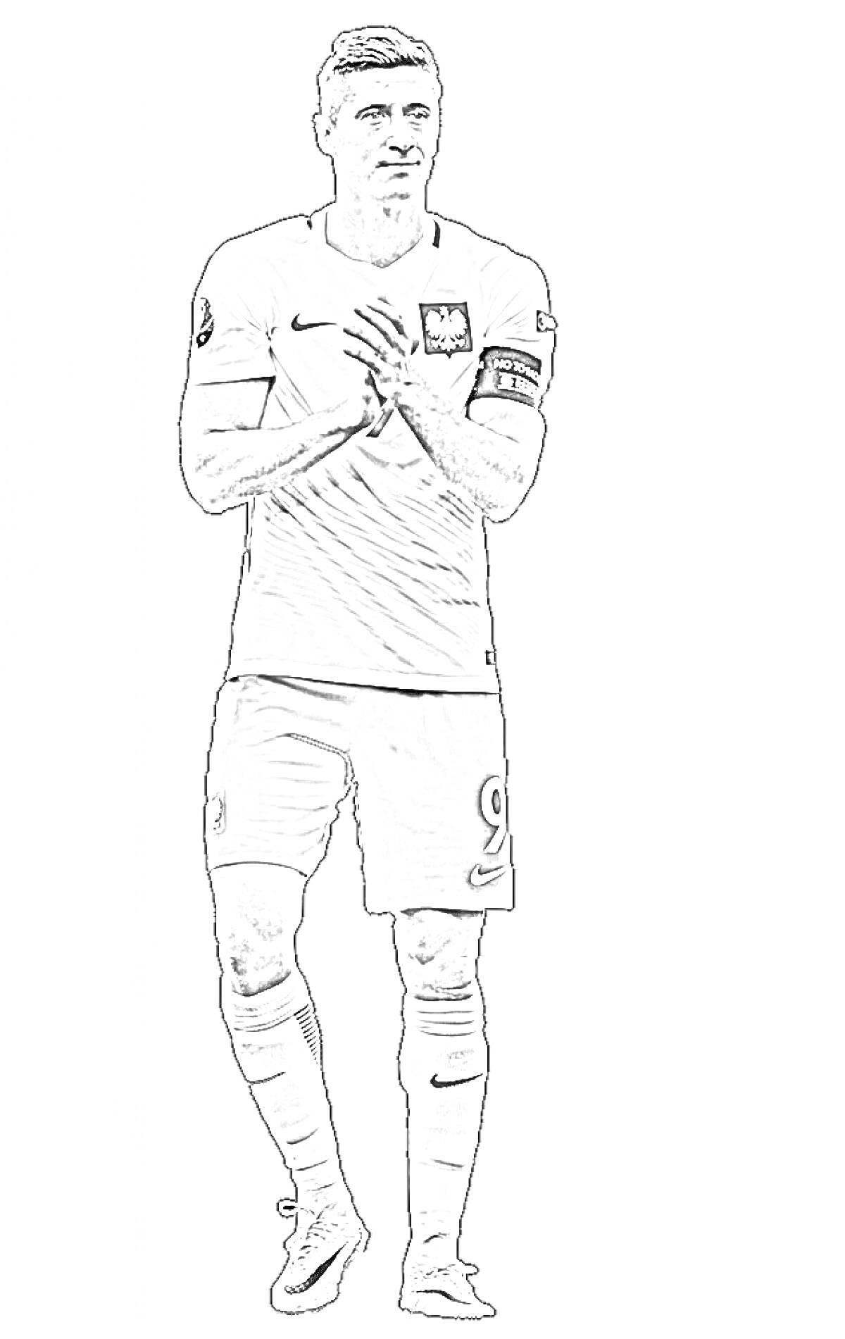 Раскраска Футболист в форме сборной Польши с капитанской повязкой, стоящий на поле