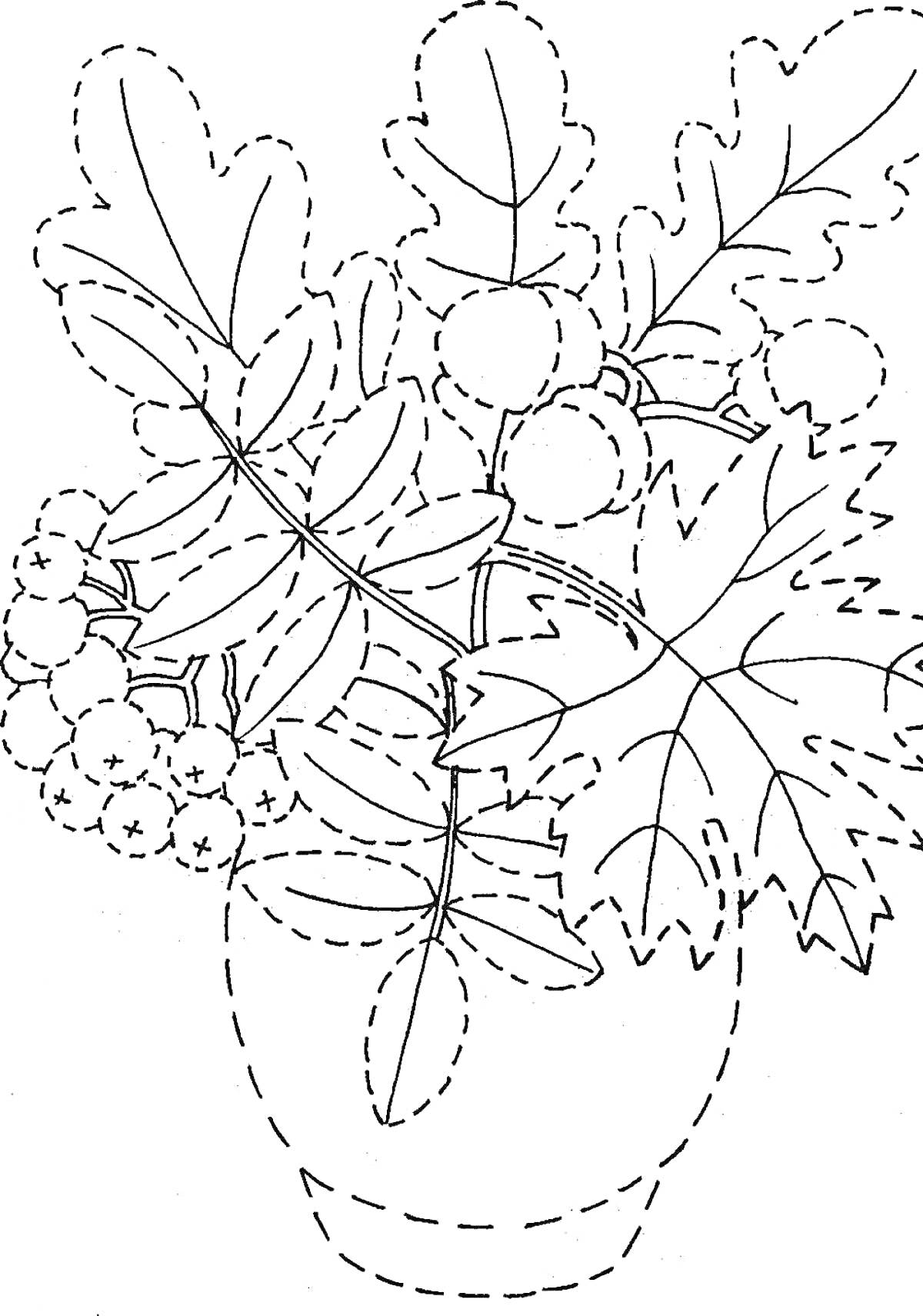 На раскраске изображено: Осень, Листья, Дуб, Клен, Рябина, Ваза, Букет цветов