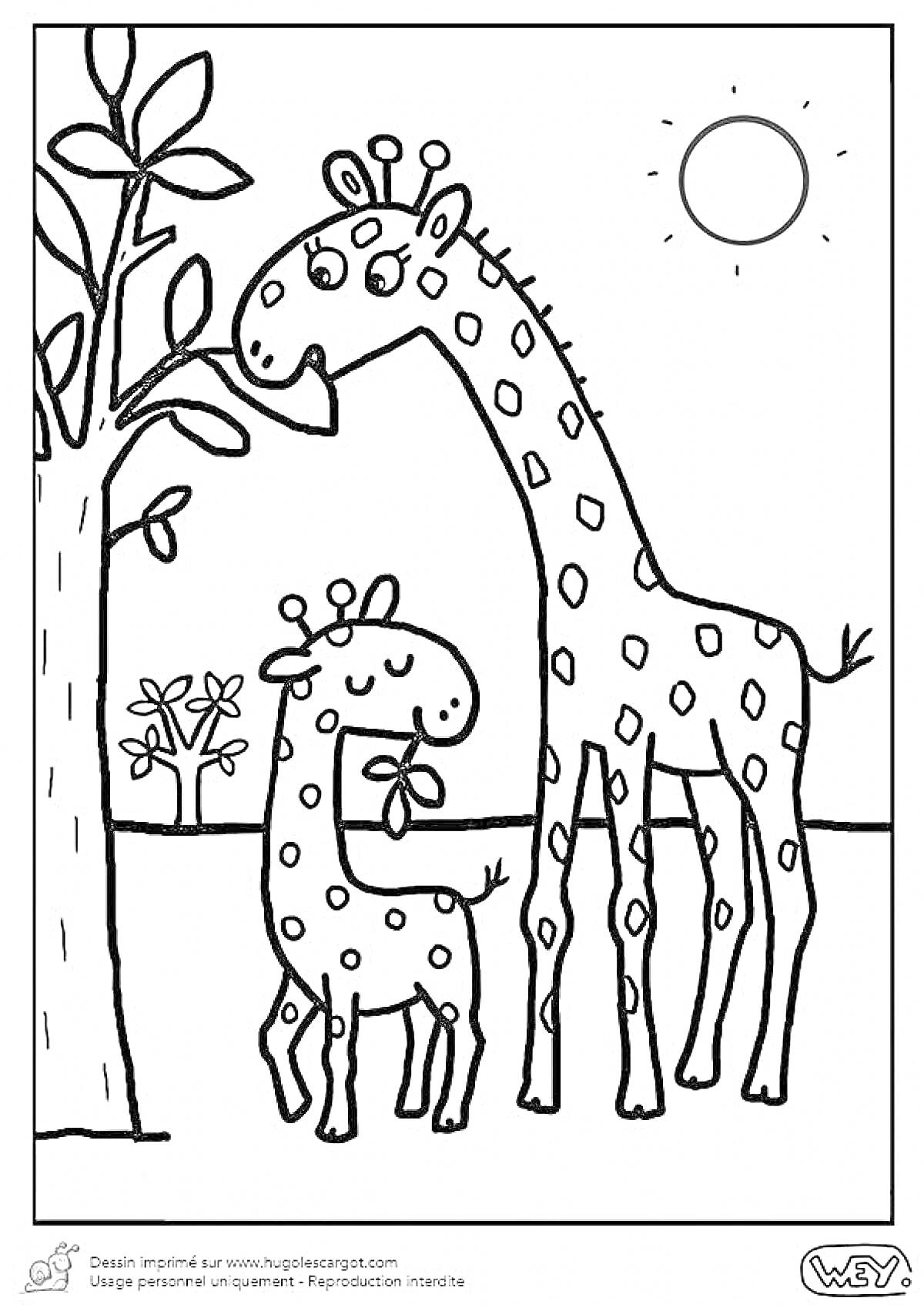 На раскраске изображено: Солнце, Природа, Ребёнок, Трава, Кусты, Семейство, Для детей, Деревья, Животные, Жирафы, Мама