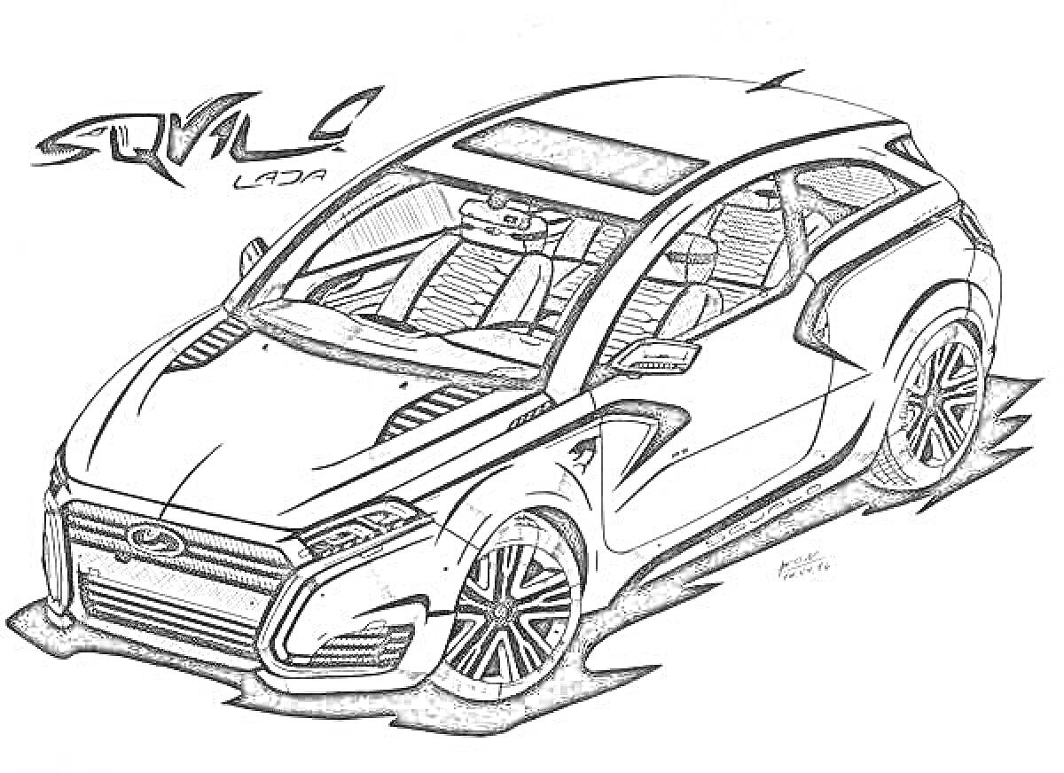 Раскраска контурный рисунок автомобиля Лада Веста с перспективным видом, крупной надписью Lada, детализированными элементами кузова и колесами