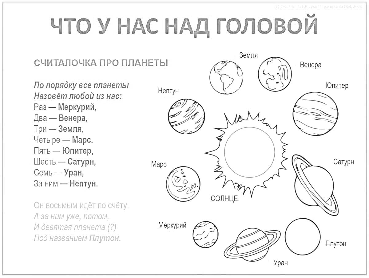 Раскраска солнечная система для детей с названиями планет и считалочкой