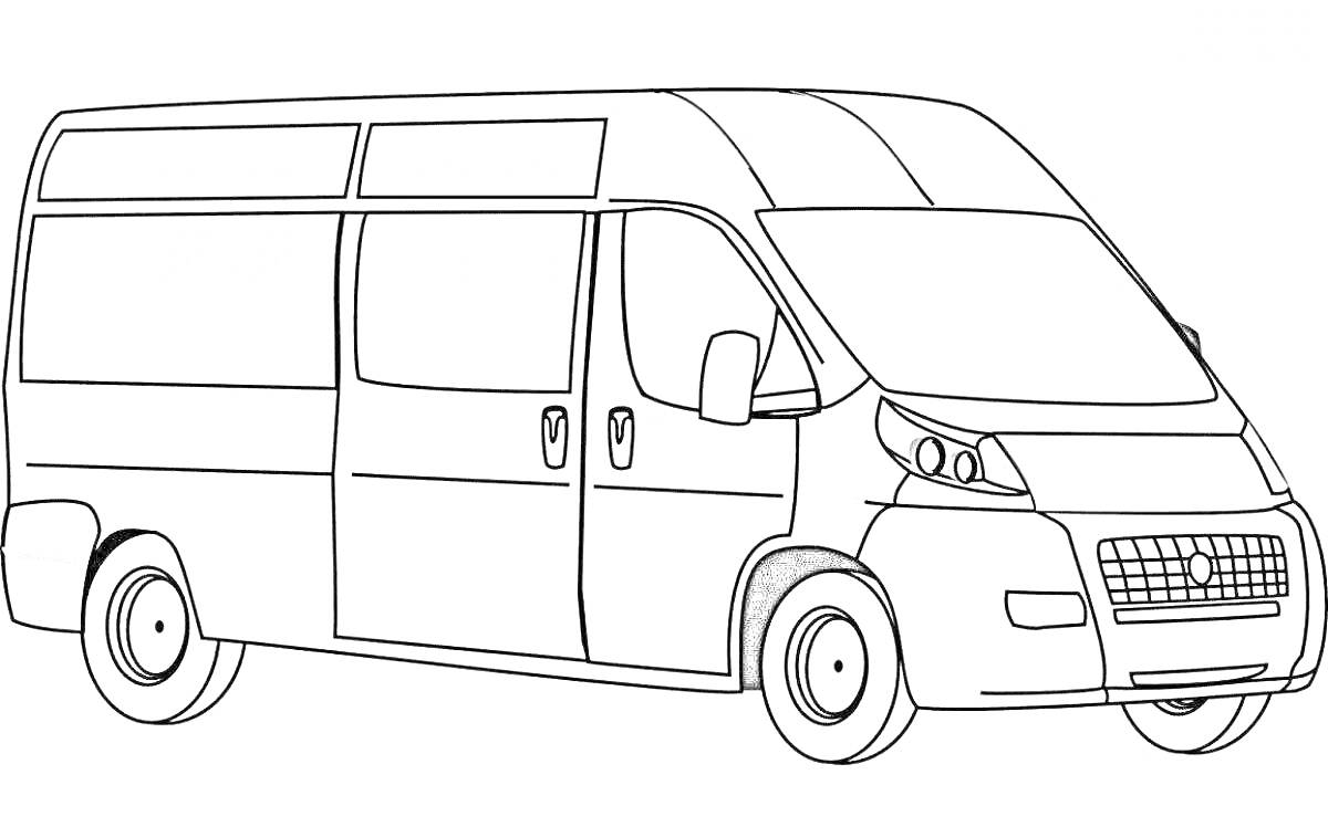 На раскраске изображено: Микроавтобус, Транспорт, Окна, Фары, Зеркало заднего вида, Контурные рисунки