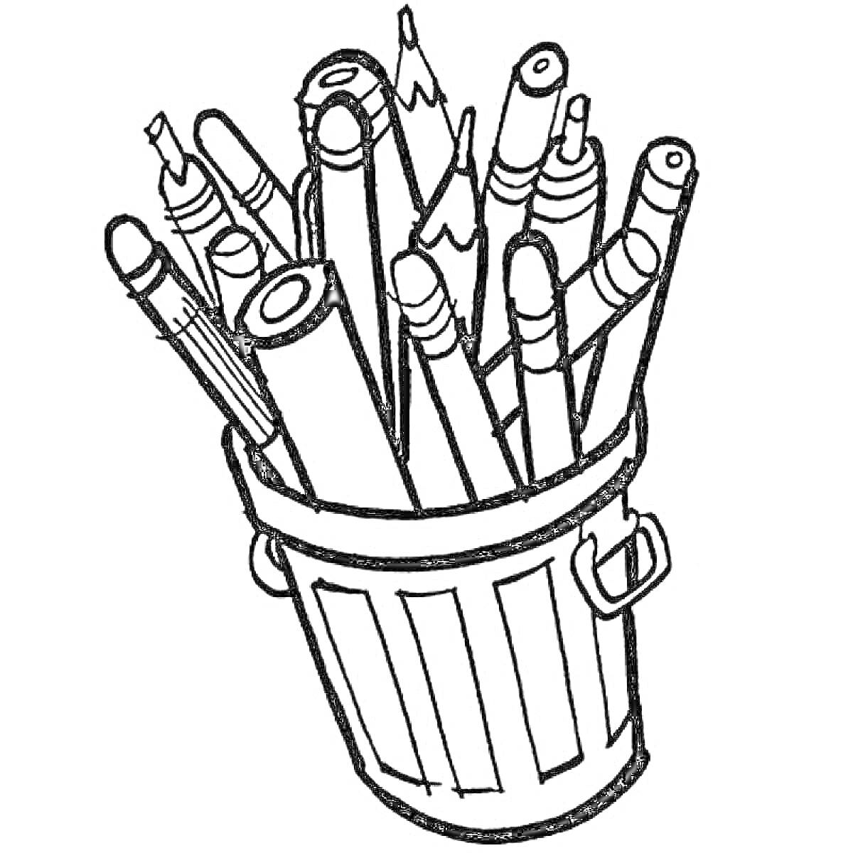 Раскраска Стакан с карандашами, ручками и фломастерами