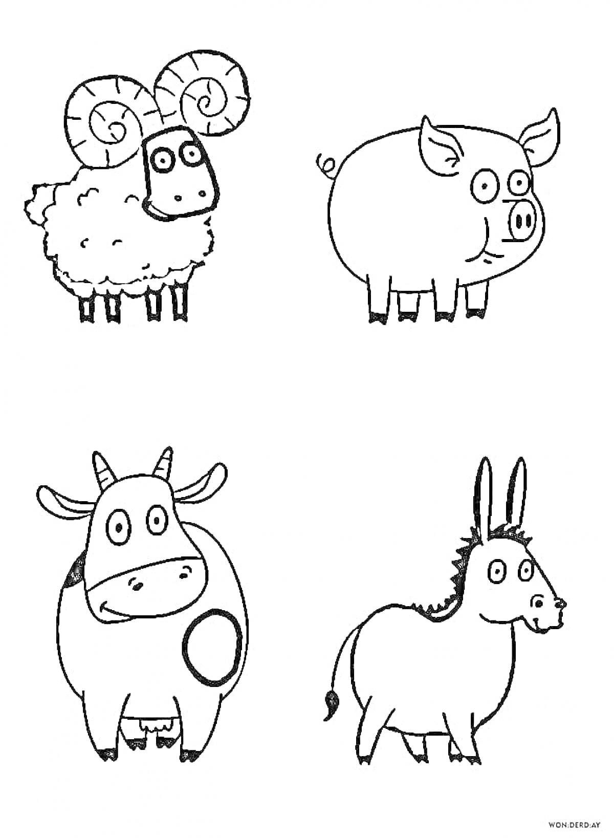 Раскраска Животные фермы: овца, свинья, корова и осел