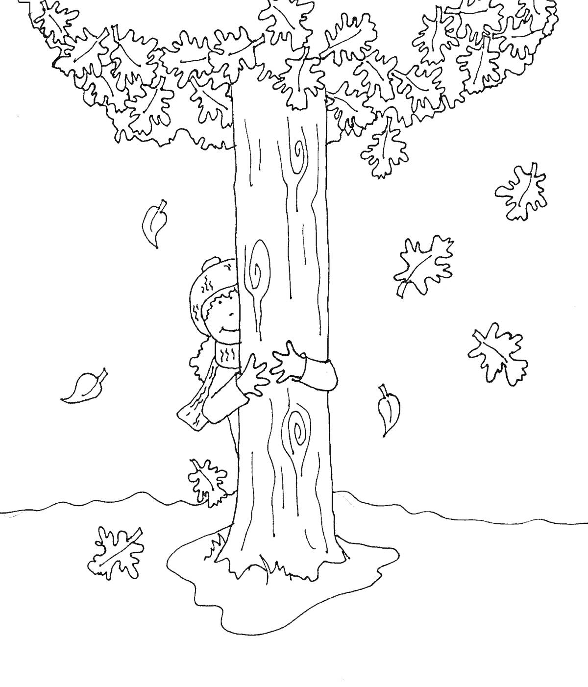 На раскраске изображено: Прятки, Ребенок, Листья, Осень, Лес, Игра, Природа