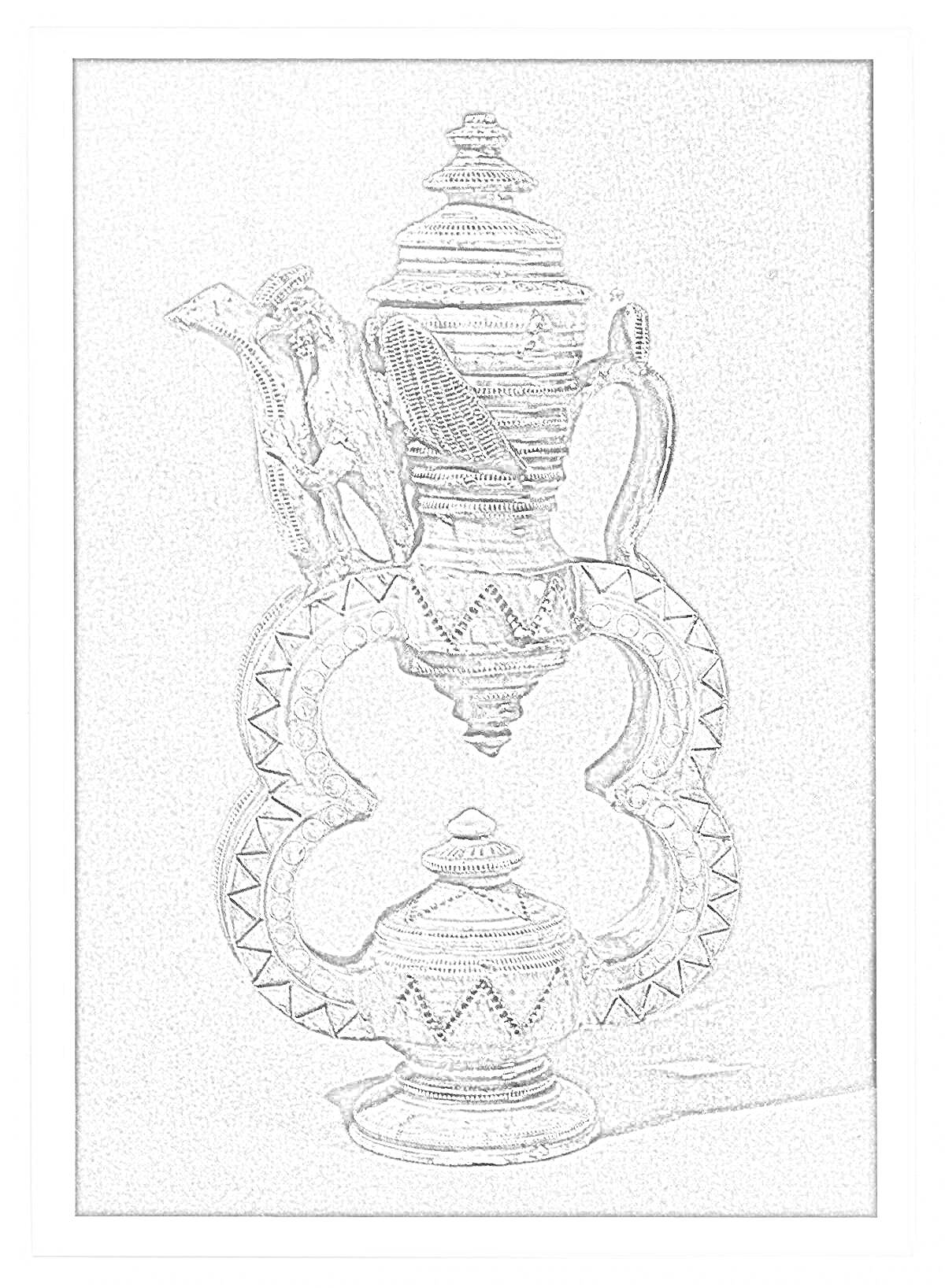Раскраска Кувшин с крышкой и ручкой, украшенный фигурками животных и орнаментом