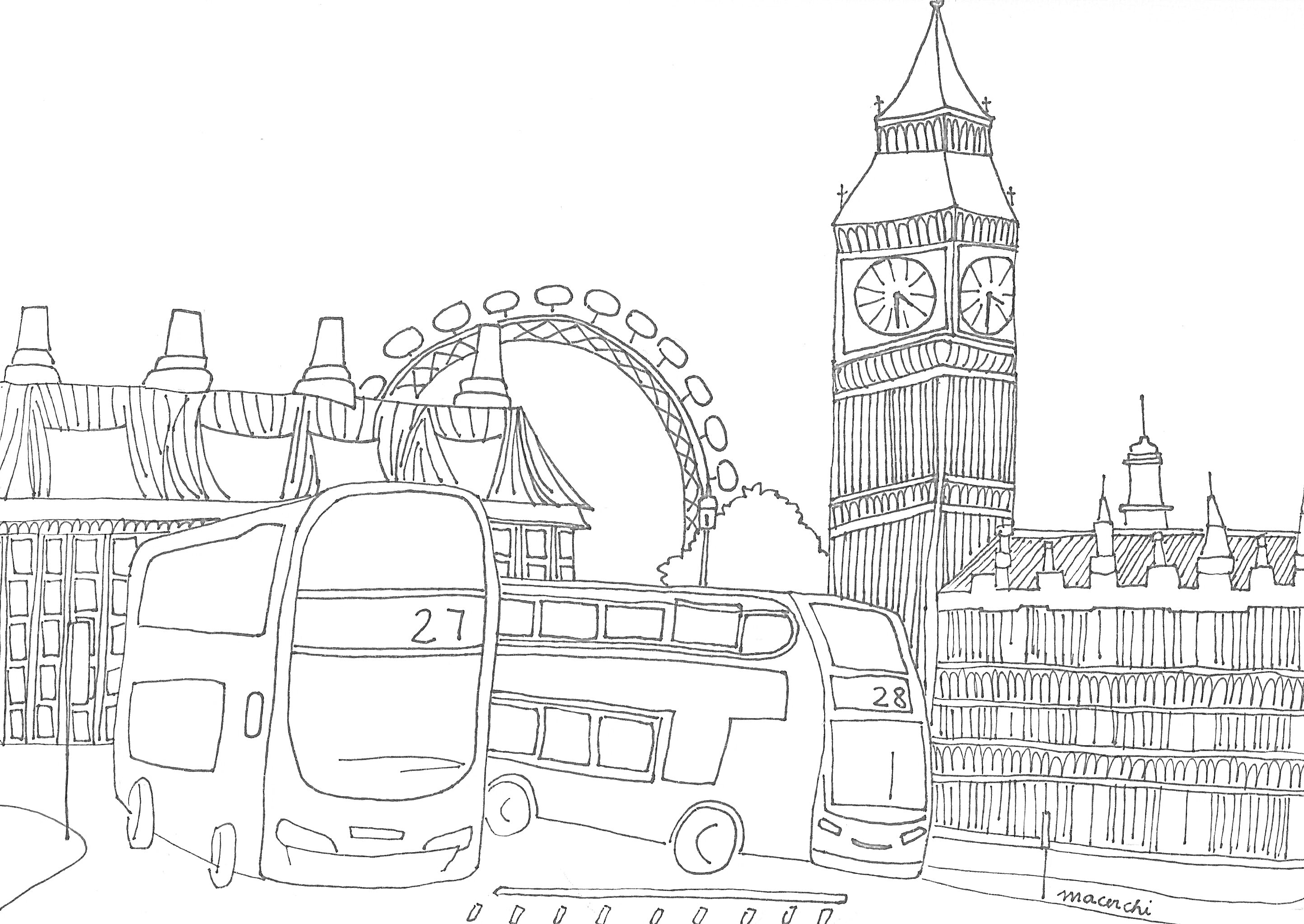 На раскраске изображено: Лондон, Лондонский глаз, Двухэтажный автобус, Достопримечательности, Транспорт, Архитектура, Британия