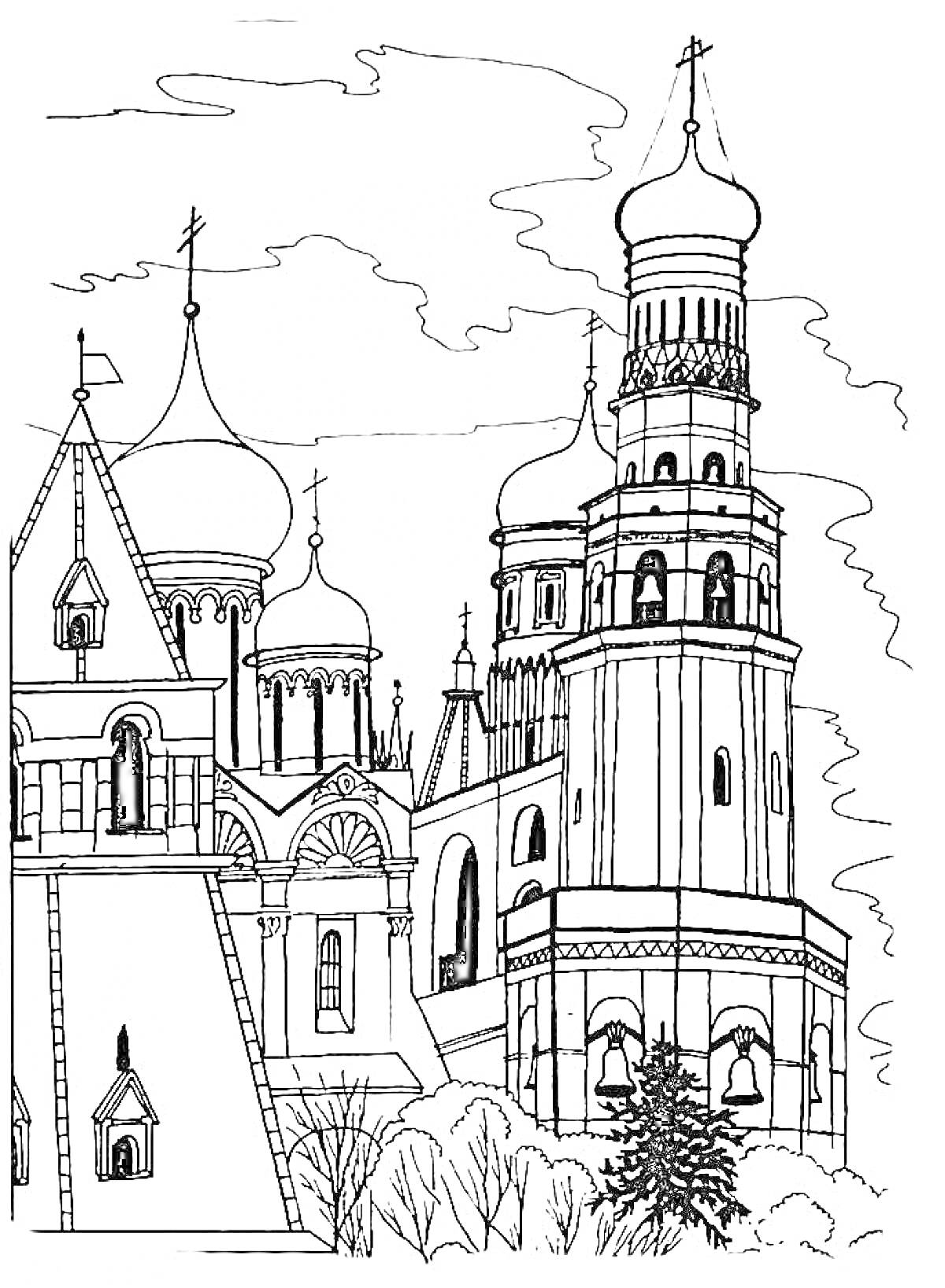 На раскраске изображено: Москва, Архитектура, Собор, Купола, Исторические здания, Кремль, Городская сцена, Башни