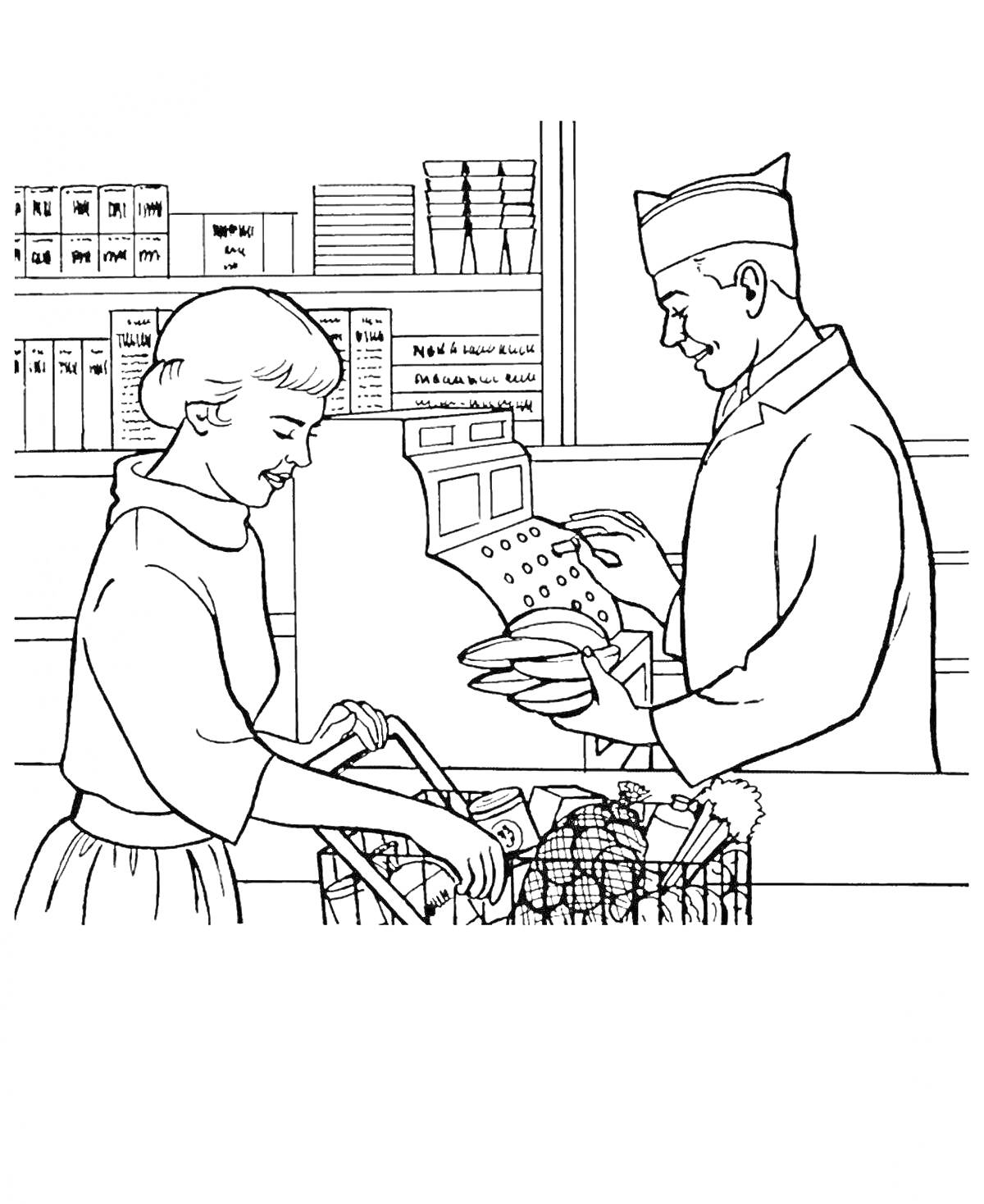 Раскраска Клиентка у кассы с корзиной продуктов в магазине, продавец пробивает товар на кассовом аппарате