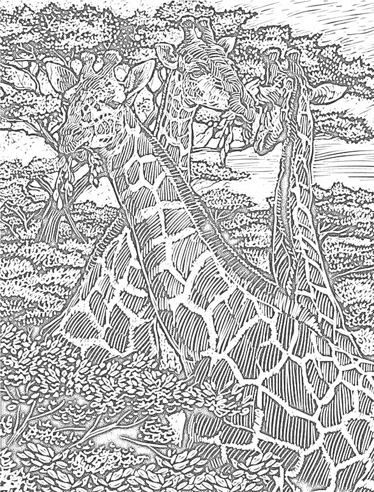 На раскраске изображено: Жирафы, Деревья, Кусты, Африканский пейзаж, Графика, Природа, Дикие животные