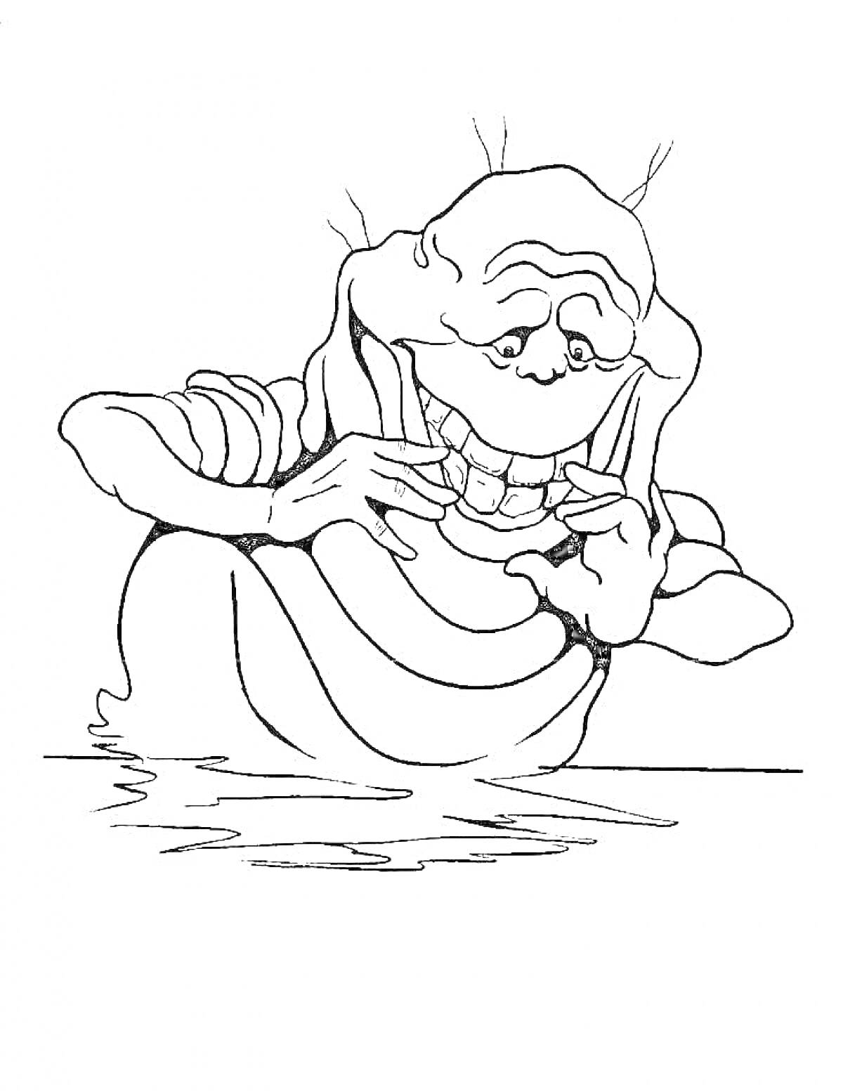 Раскраска Лизун, смеющийся и смотрящий на руки, стоящий над водой