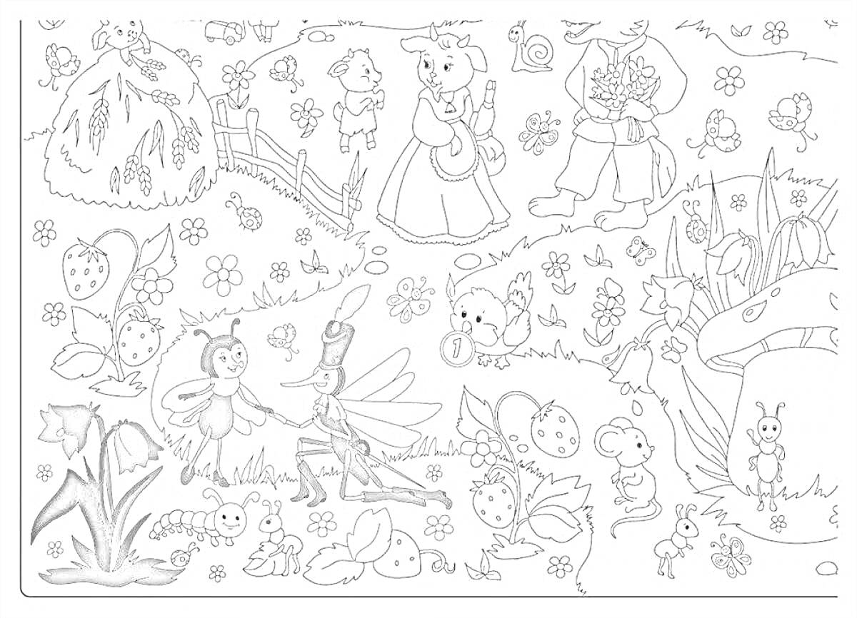На раскраске изображено: Сказочный лес, Цветы, Улитка, Жуки, Муравей, Природа