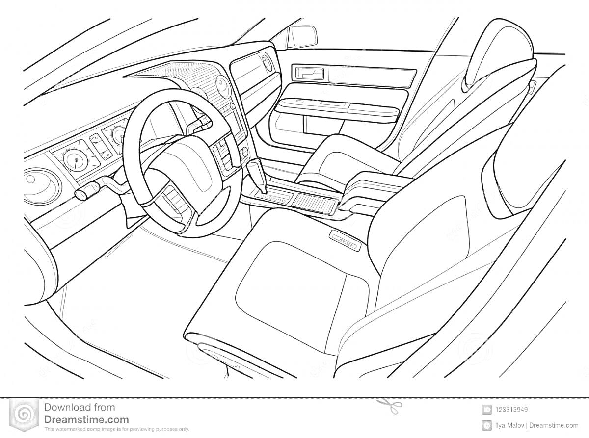 Раскраска Салон автомобиля с рулевым колесом, приборной панелью, дверной панелью и двумя передними сиденьями