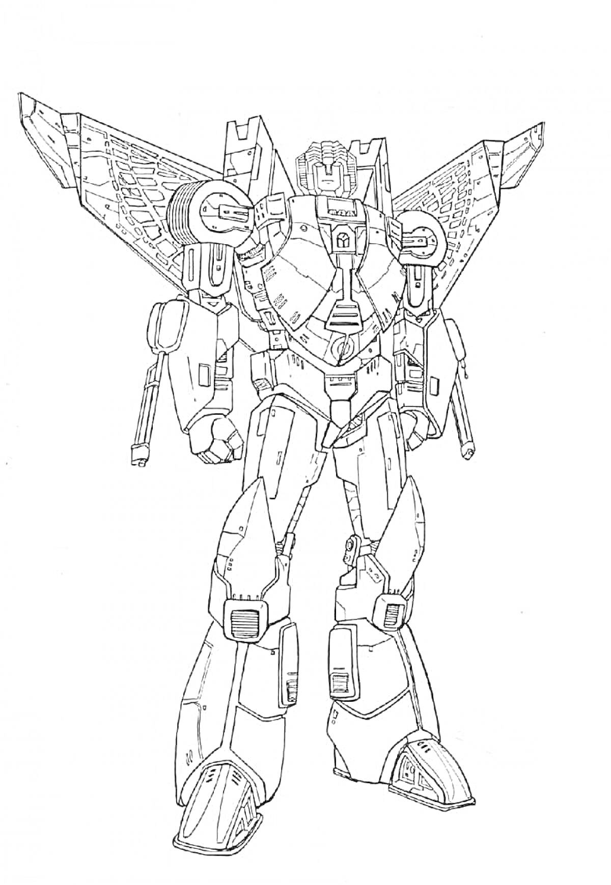 На раскраске изображено: Робот, Крылья, Оружие, Меха, Робототехника