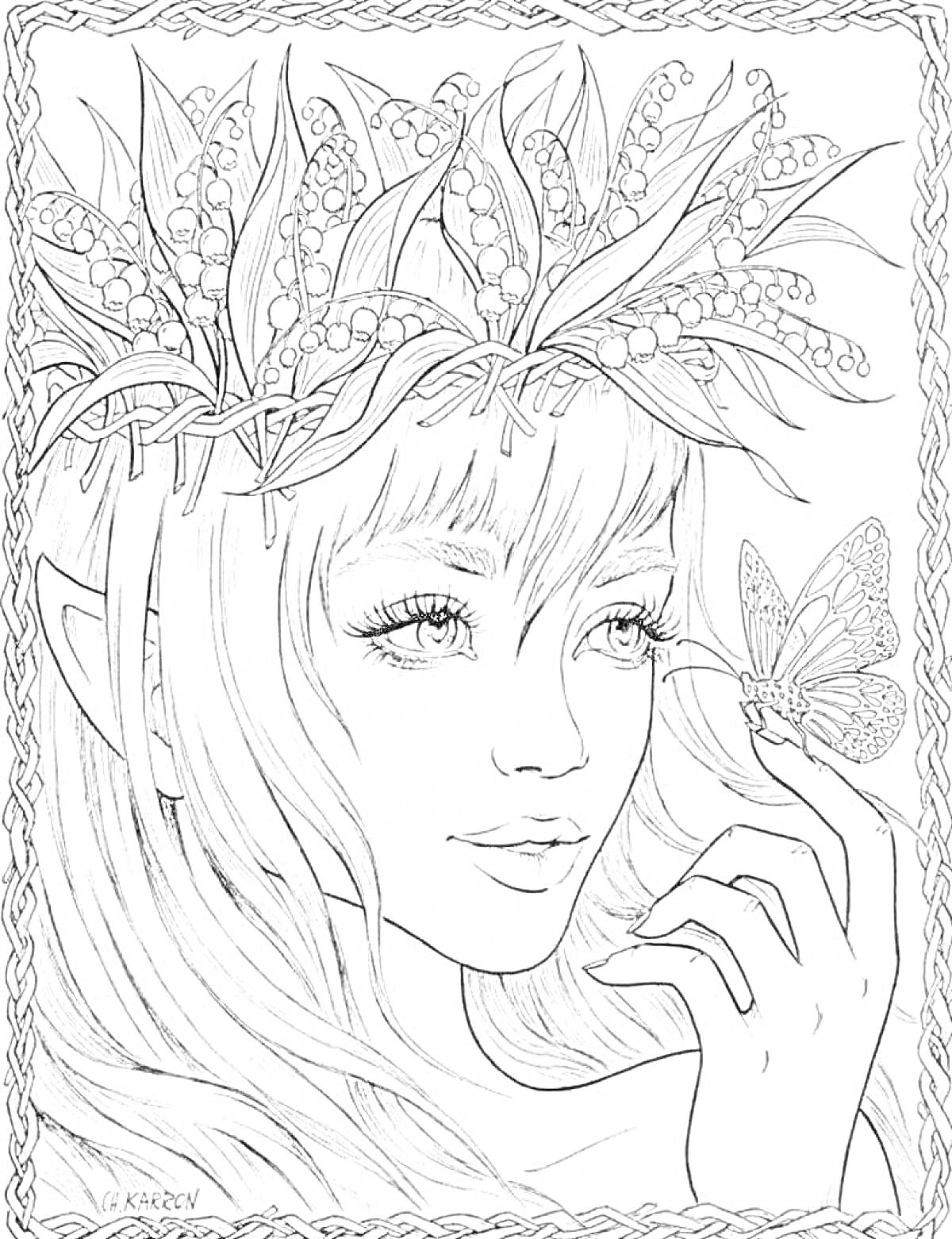 Раскраска Девушка с венком из листьев и ягод, бабочка на руке
