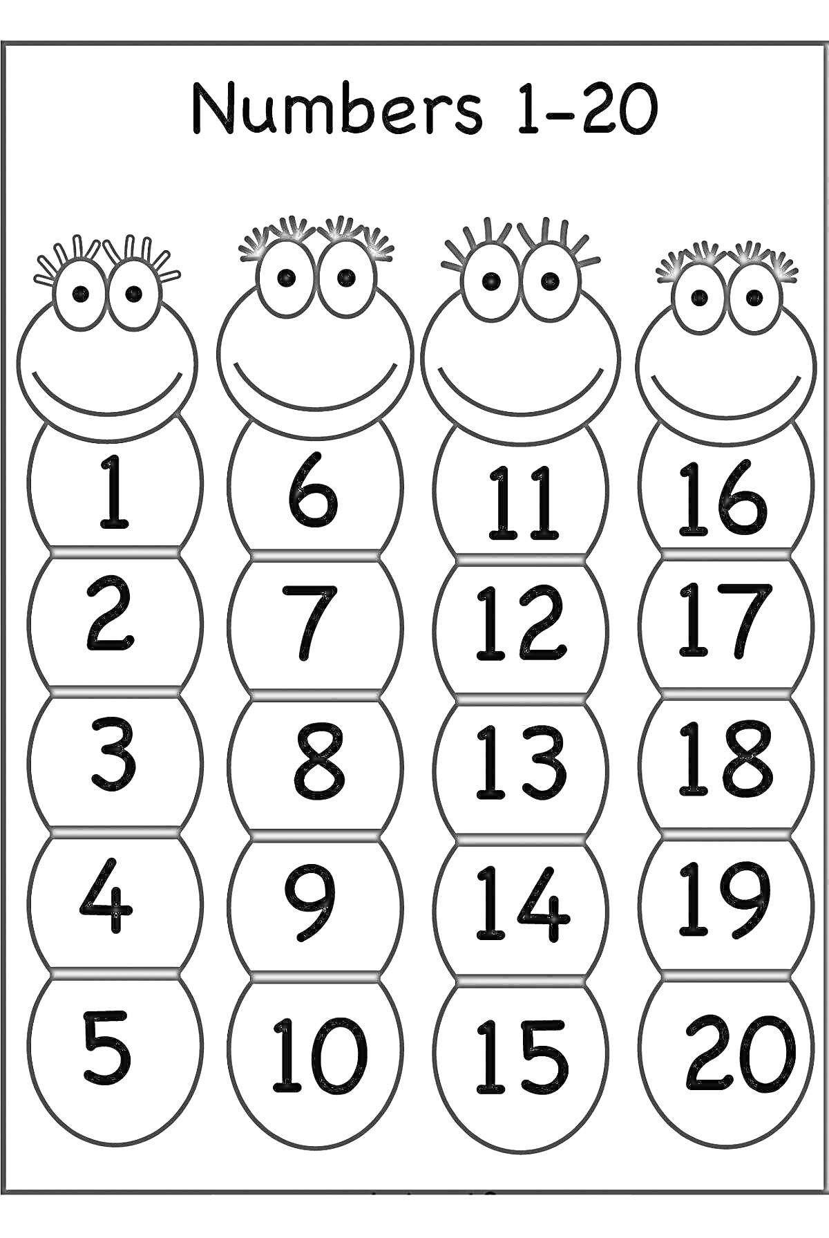 Раскраска Четыре ёжика с цифрами от 1 до 20 на их туловищах